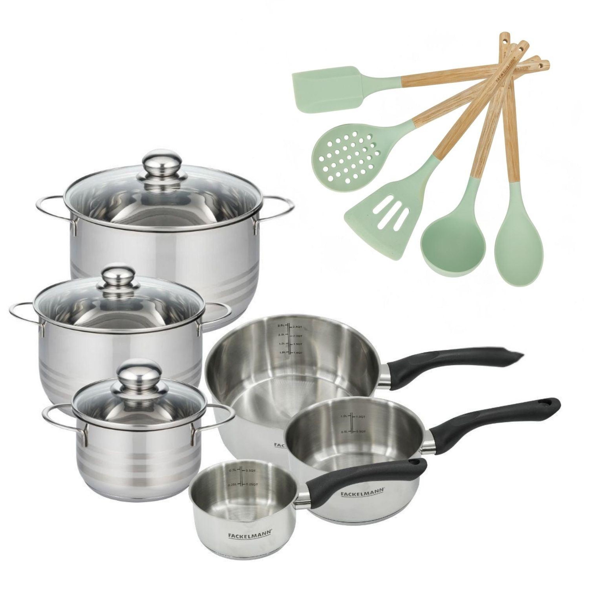 Fackelmann Batterie de cuisine avec 3 faitouts 16/20/24 cm et 3 casseroles 12/16/20 cm avec 5 ustensiles de cuisine sans pfas fackelmann généva brillant ocean