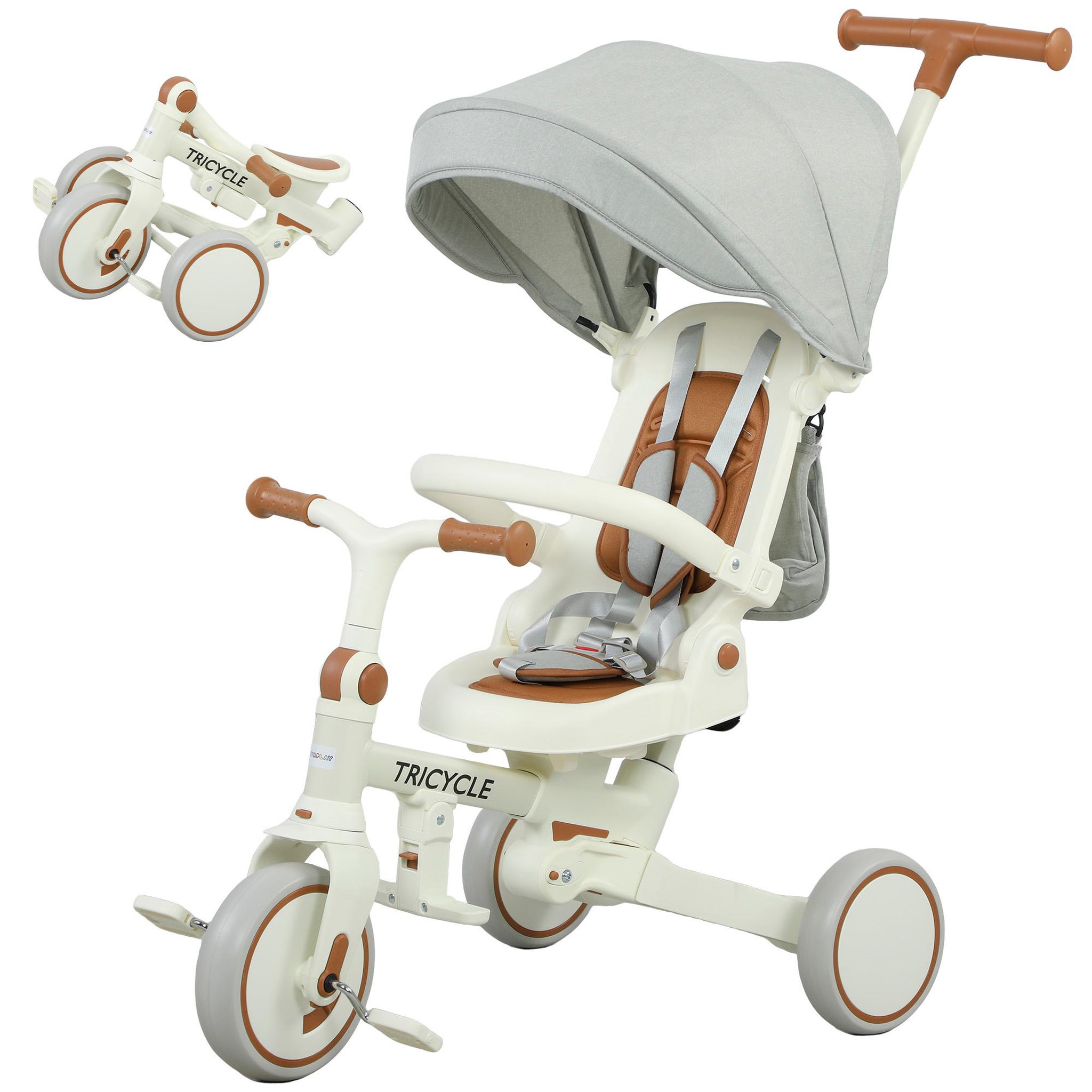 Voir la diapositive 5 : HOMCOM Tricycle enfant pliable évolutif 5 en 1 poignée telescopique auvent amovible marron crème