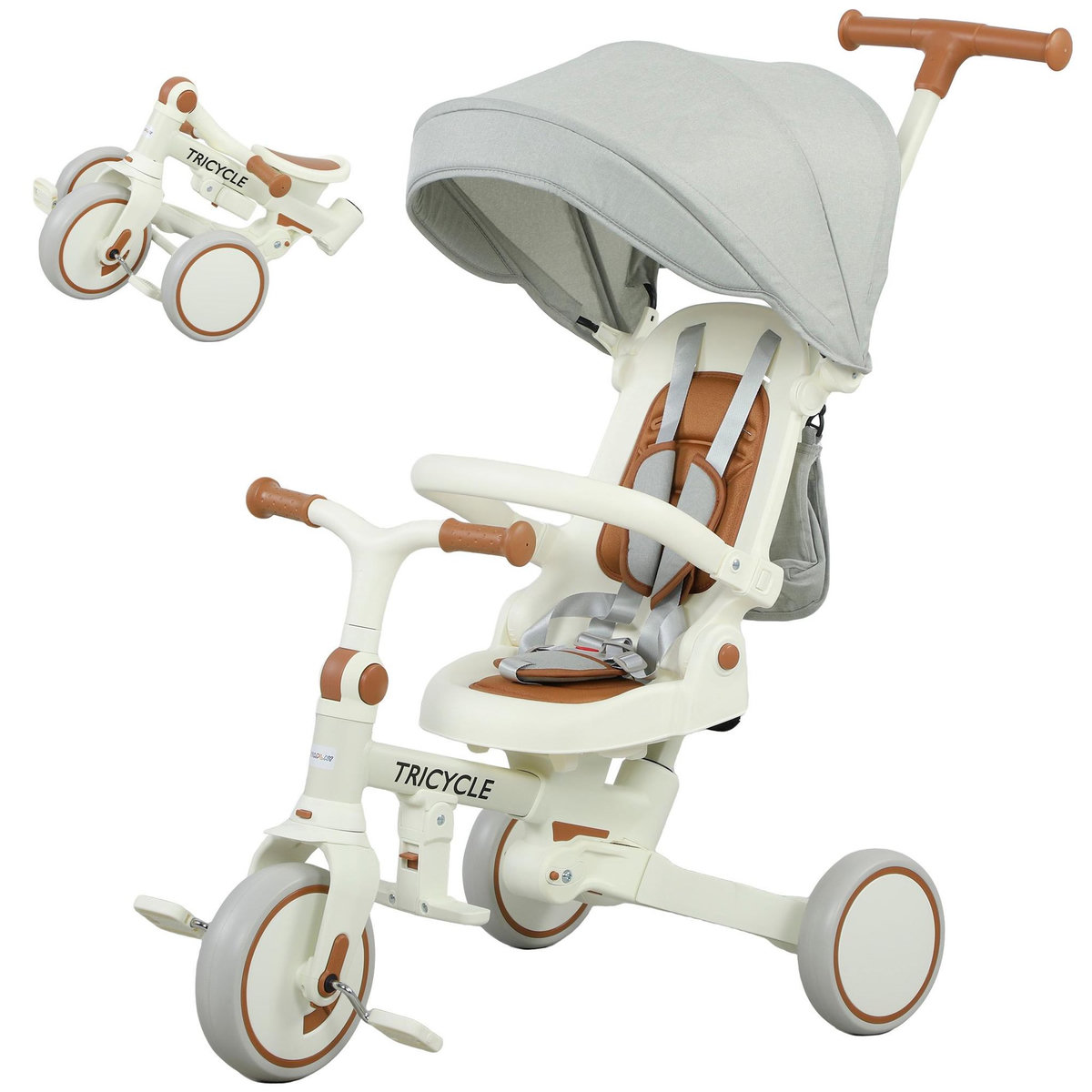 HOMCOM Tricycle enfant pliable évolutif 5 en 1 poignée telescopique auvent amovible marron crème