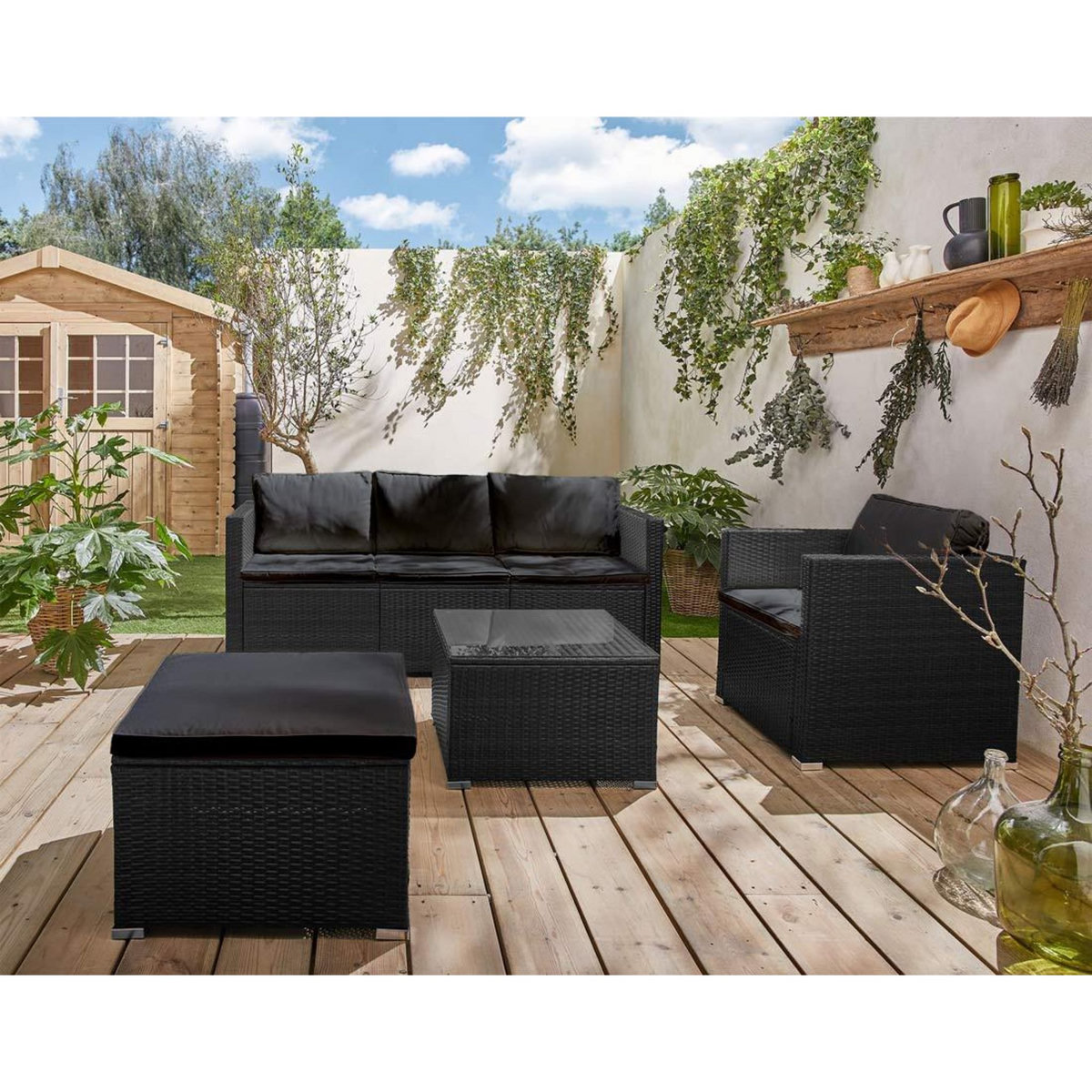 BEST MOBILIER Wanaka - salon de jardin en résine tressée - 5 places - coussins noir