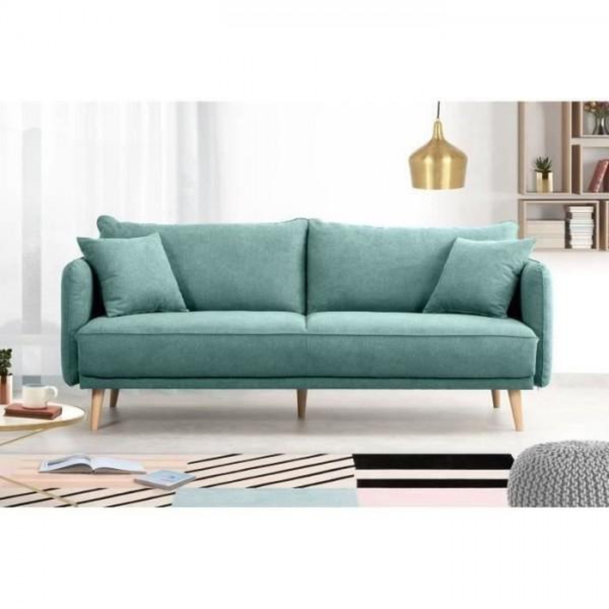 Voir la diapositive 2 : MARKET24 HEXAGONE - DAREN Canapé Fixe 3 places - Tissu Bleu - L 207 x P 90 x H 88 cm
