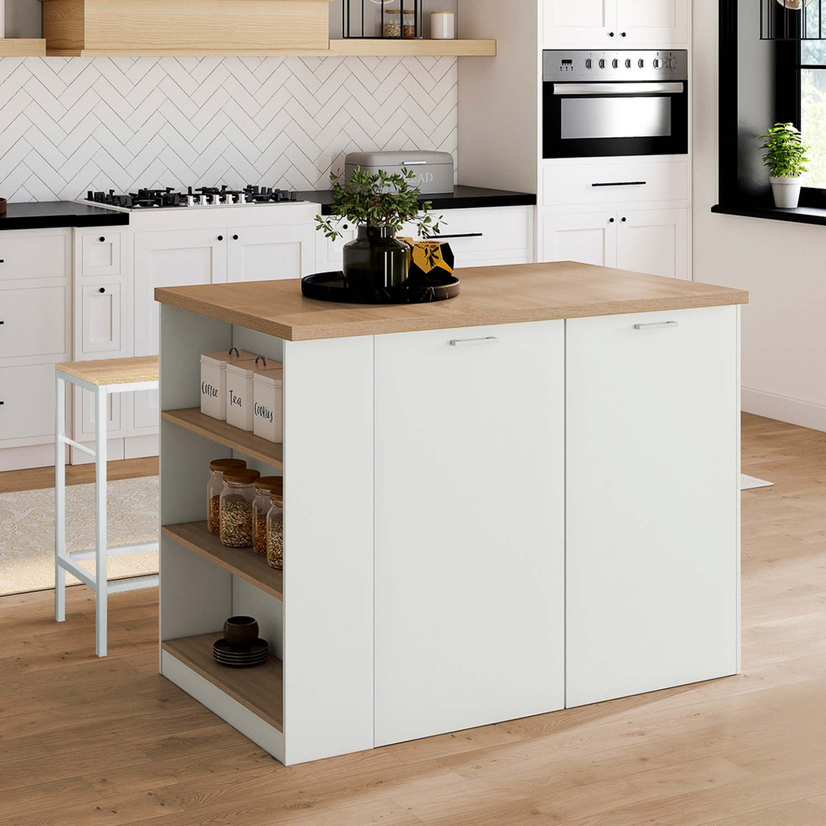 ID MARKET Ilot central TIBO 120 cm bois blanc avec plan de travail façon hêtre