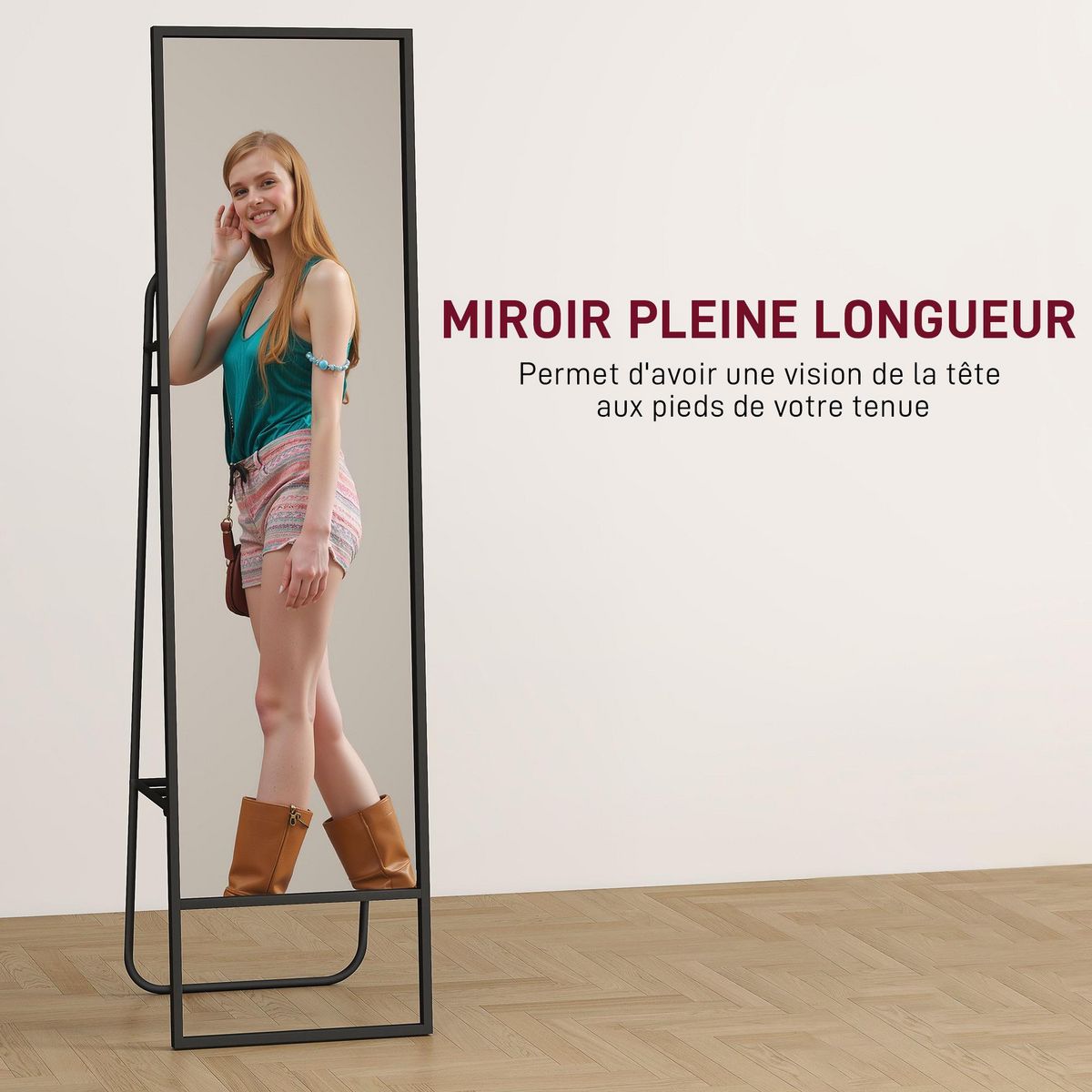 HOMCOM Miroir sur pied avec rangements grande taille dim. 148,5 x 40 cm métal noir