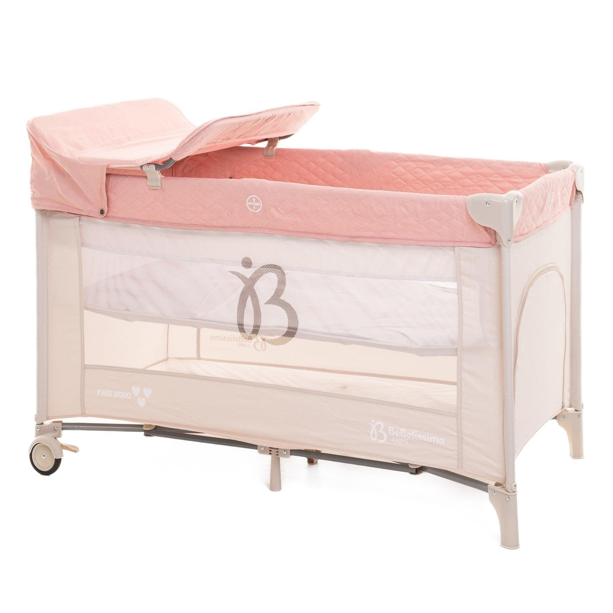 Voir la diapositive 1 : BEBELISSIMO BEBELISSIMO - Lit parapluie bébé - lit pliant - dès la naissance - Fais dodo - 2 niveaux - table à langer - rose
