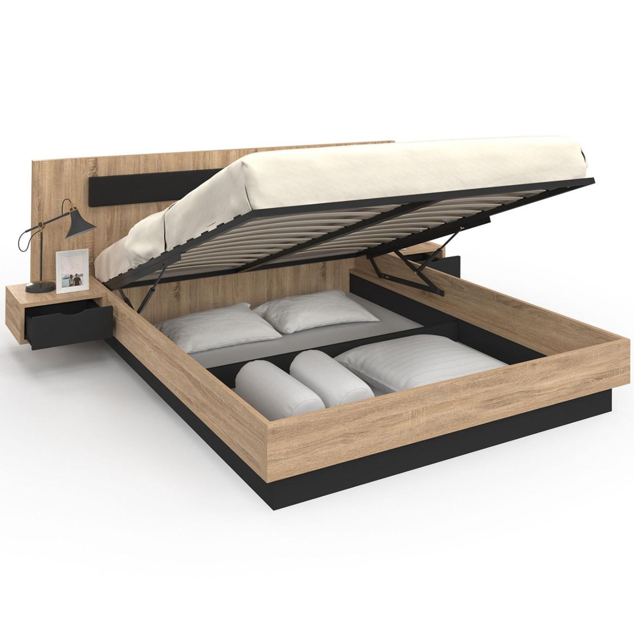 ID MARKET Lit coffre double santa avec tête de lit + tables de chevet intégrées et sommier 160 x 200 cm bois et noir