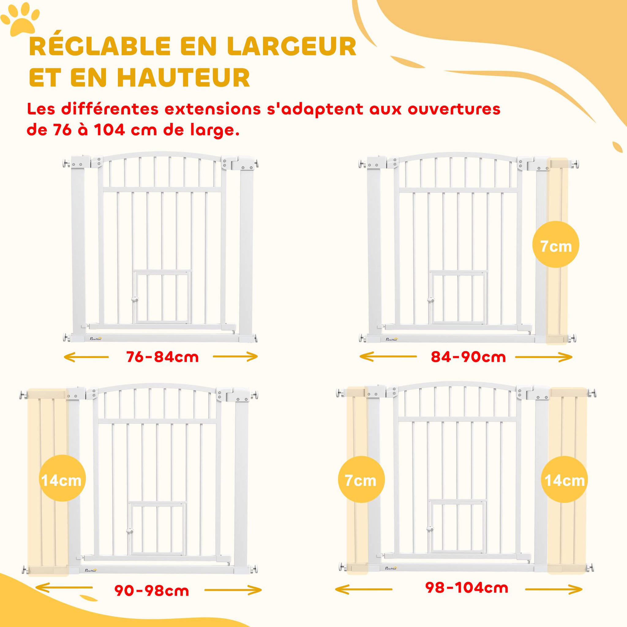 Voir la diapositive 4 : PAWHUT Barrière de sécurité pour chien - barrière à pression ajustable - 2 portes verrouillables - acier blanc