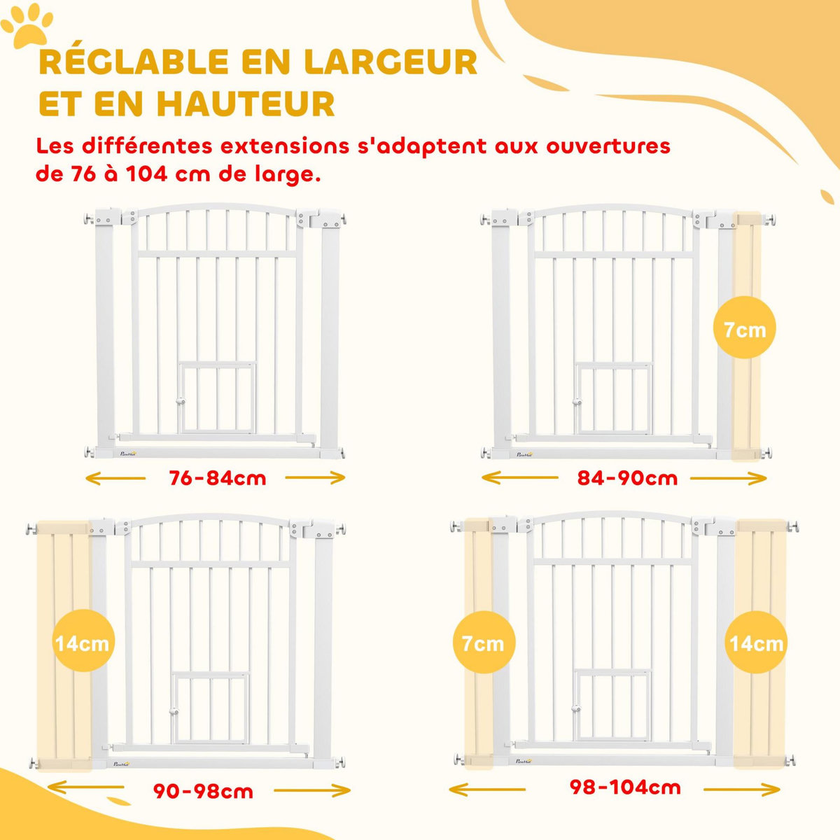 PAWHUT Barrière de sécurité pour chien - barrière à pression ajustable - 2 portes verrouillables - acier blanc