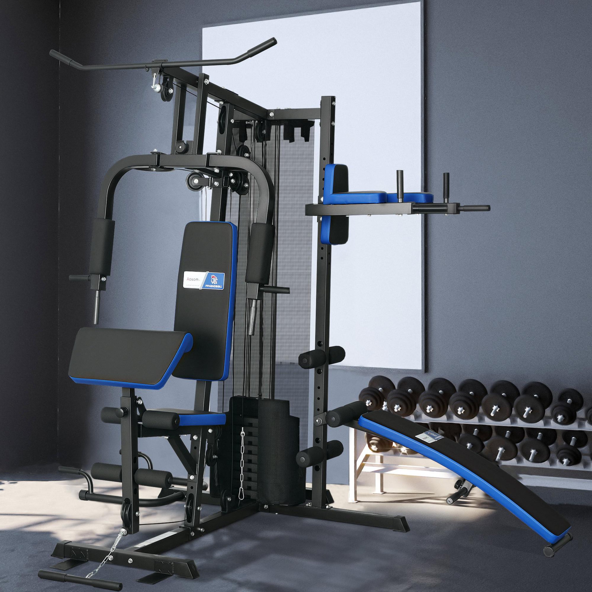 Voir la diapositive 2 : HOMCOM Station de musculation multi-équipement - collaboration aosom.fr x ffhandball - 10 contrepoids - bleu