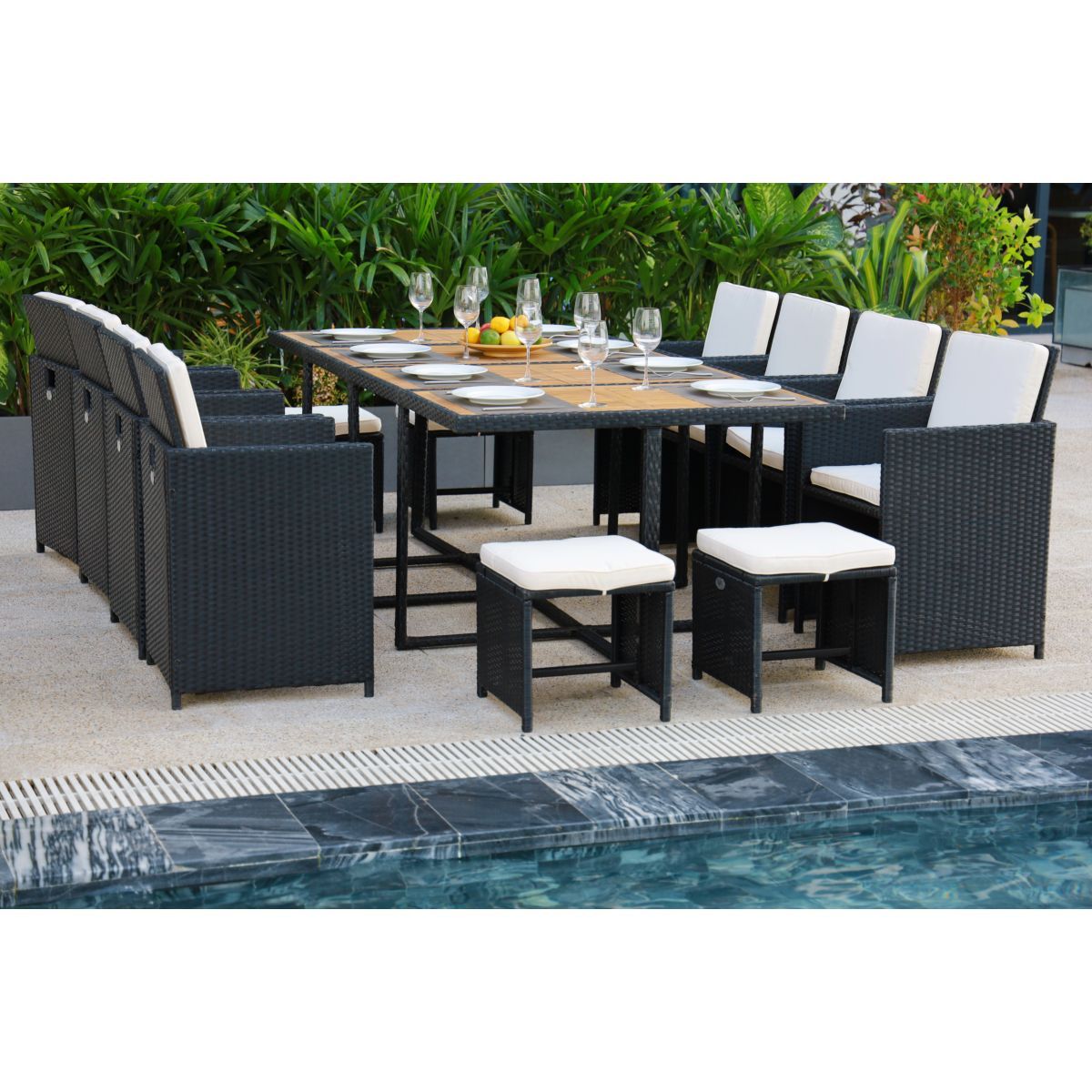 Beau rivage Salon de jardin en résine tressée noire 10/12 personnes BABYLON