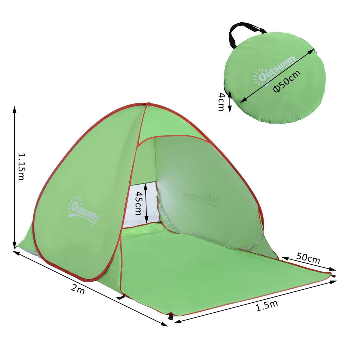 OUTSUNNY Abri de plage tente de plage pliable Pop-up automatique instantané protection UV fenêtre arrière grand tapis de sol vert rouge