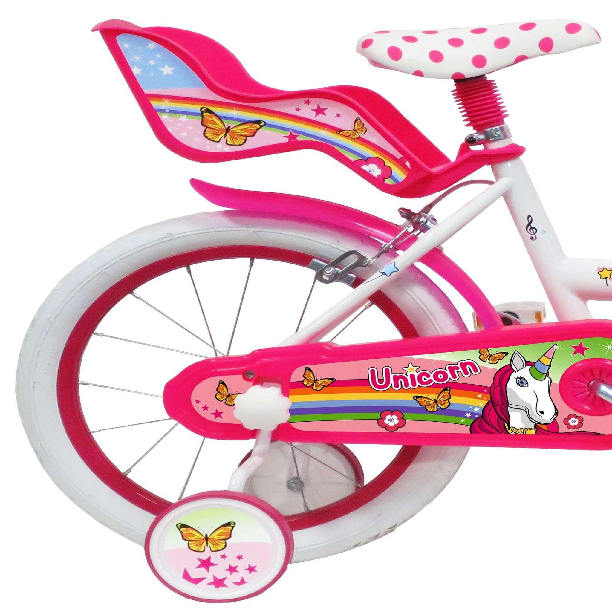 Voir la diapositive 2 : Vélo enfant - Modèle 16'' Fille Licorne / Unicorn pour enfant de taille 105 à 120 cm avec stabilisateurs - Panier avant - Porte poupée arrière - 2 freins et pneus gonflables