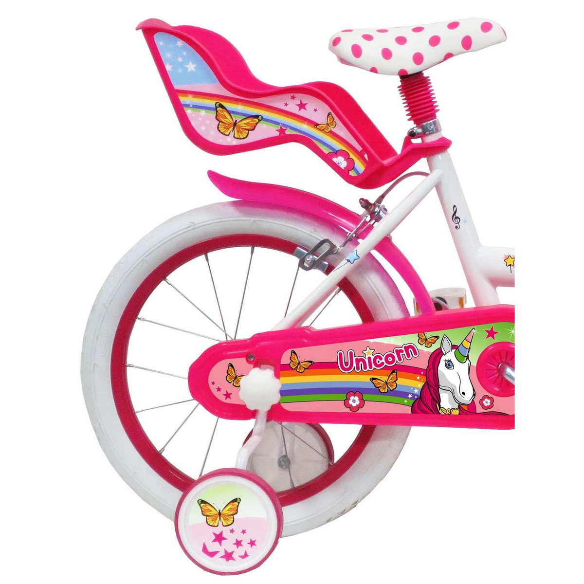 Vélo enfant - Modèle 16'' Fille Licorne / Unicorn pour enfant de taille 105 à 120 cm avec stabilisateurs - Panier avant - Porte poupée arrière - 2 freins et pneus gonflables