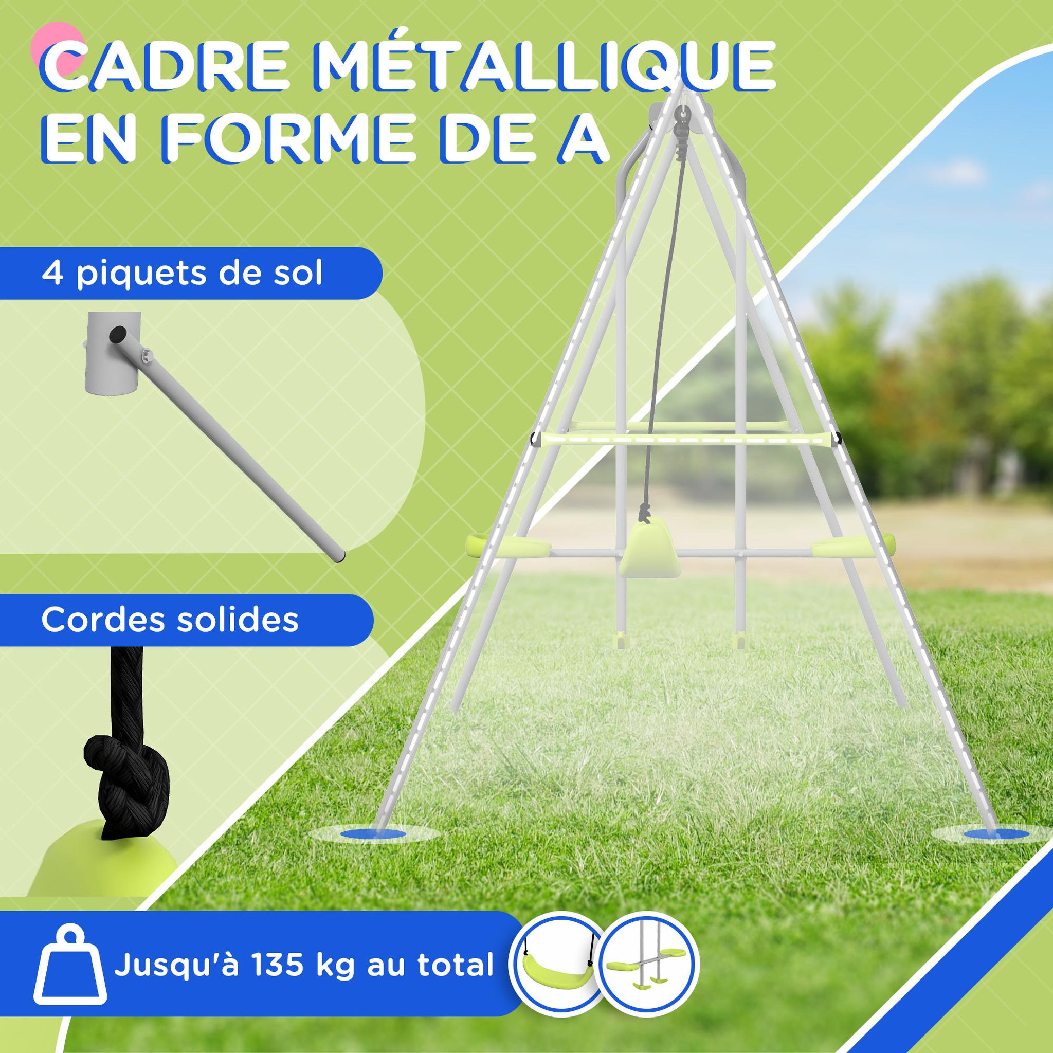 Voir la diapositive 4 : OUTSUNNY Balançoire 2 agrès portique avec balançoire et face à face dim. 2,55L x 1,6l x 1,8H m métal époxy PE gris vert