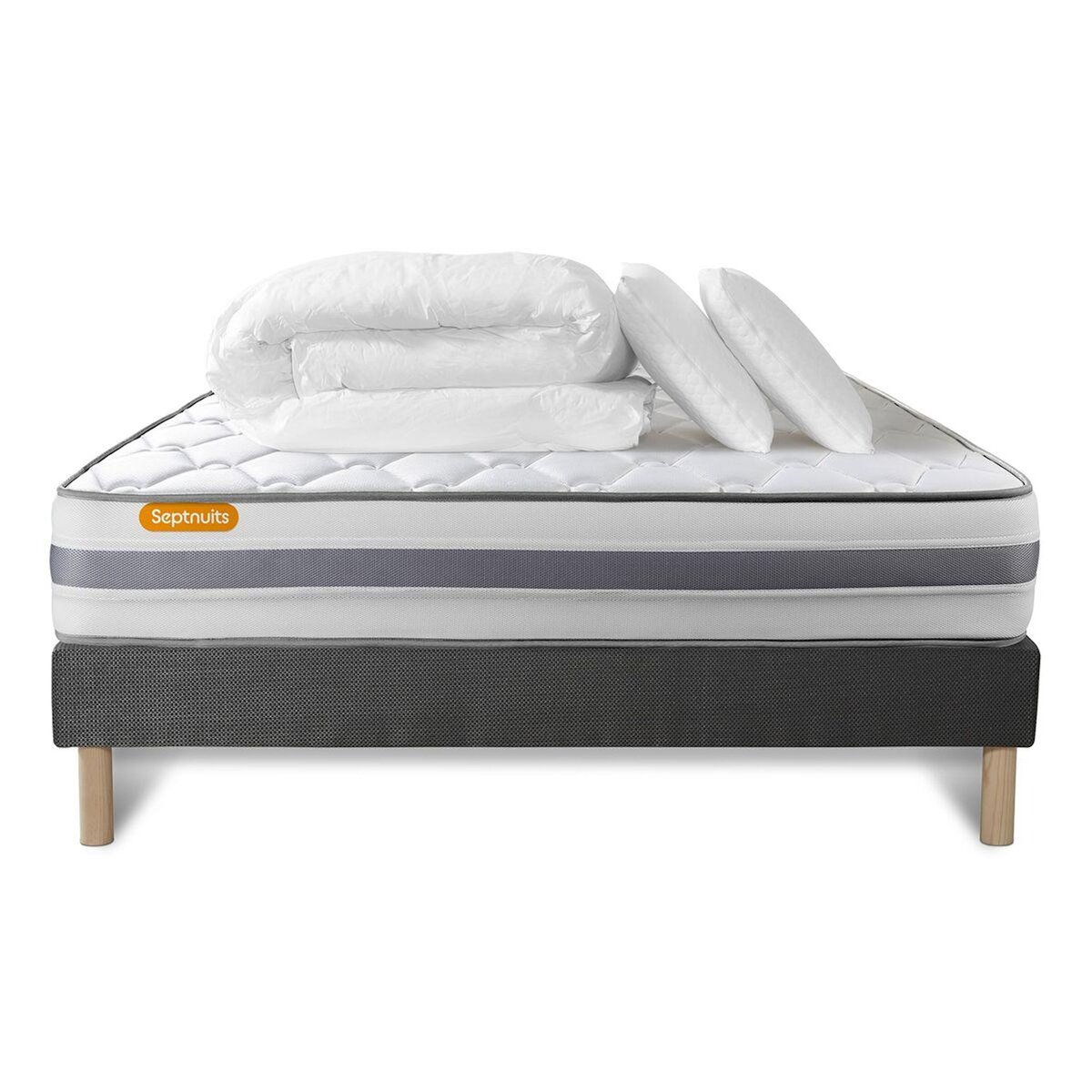 SEPTNUITS Pack matelas + sommier gris Memo Spring Ressorts ensachés 3 zones MAXI épaisseur + Couette + 2 oreillers