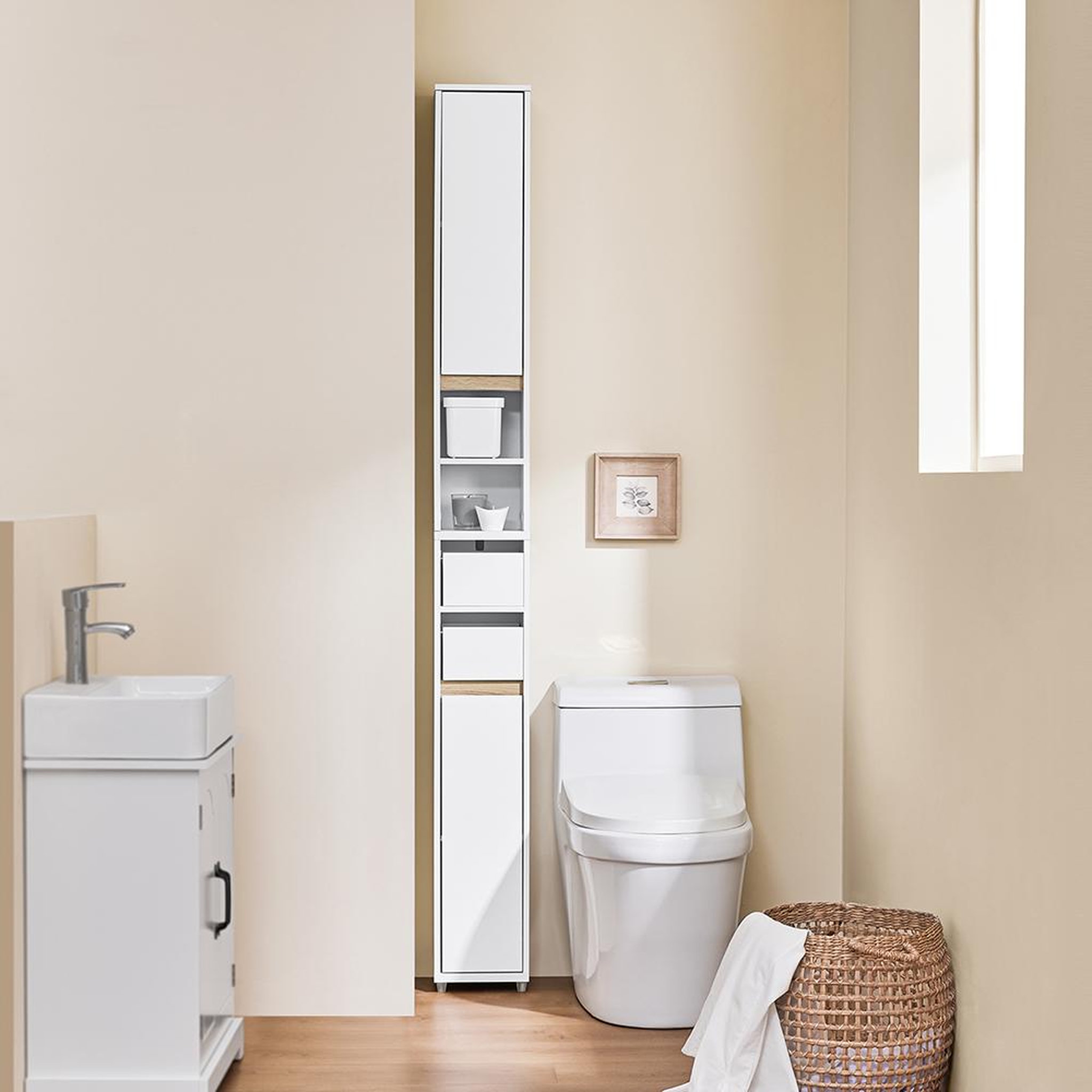 Voir la diapositive 5 : SOBUY SoBuy - Meuble de salle de bain bas avec un tiroir - Blanc - 20x20x96cm - Minimaliste - BZR151-W
