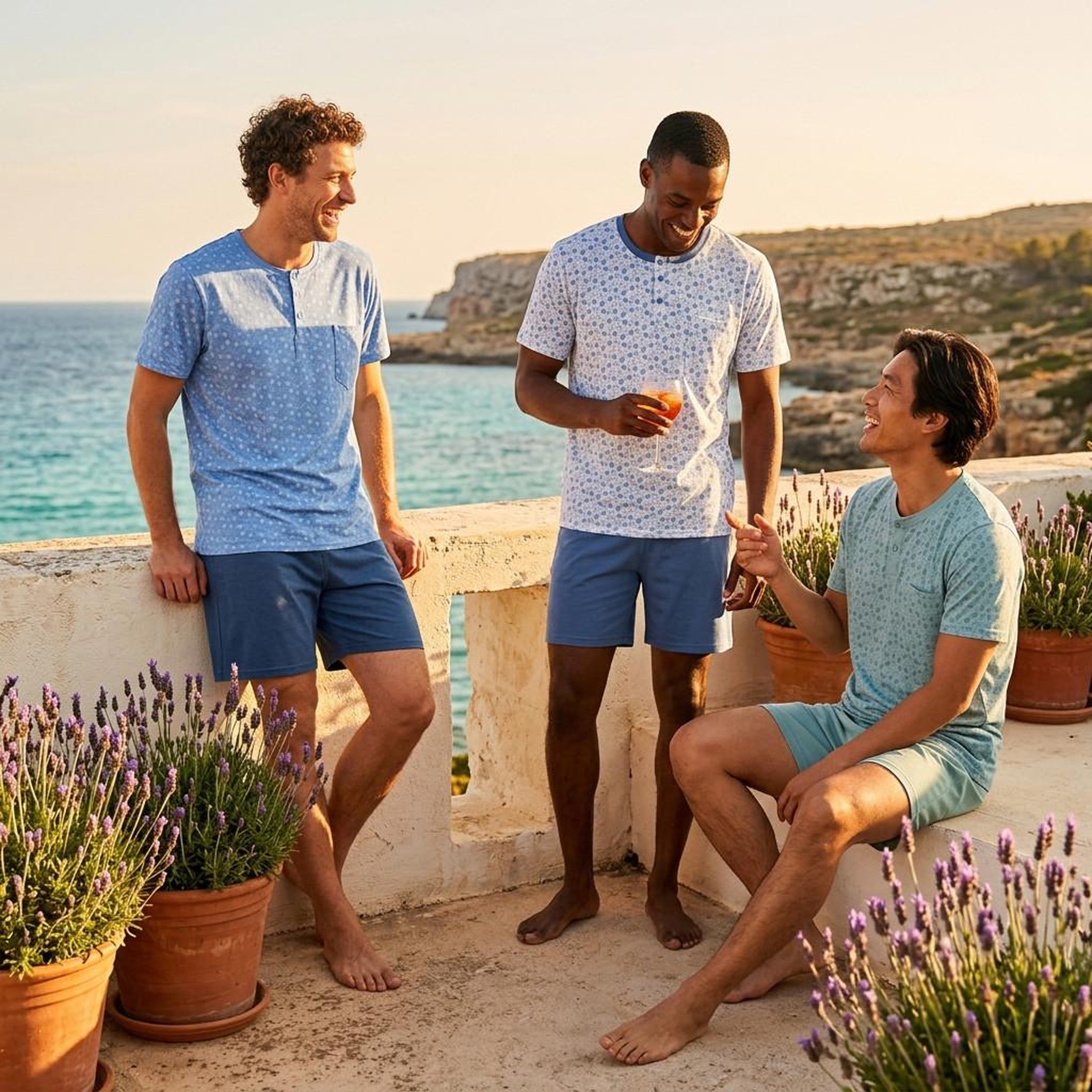 Voir la diapositive 4 : OZABI OZABI Pack 3 Pyjamas Courts Homme Coton Majoritaire, Col Bouton