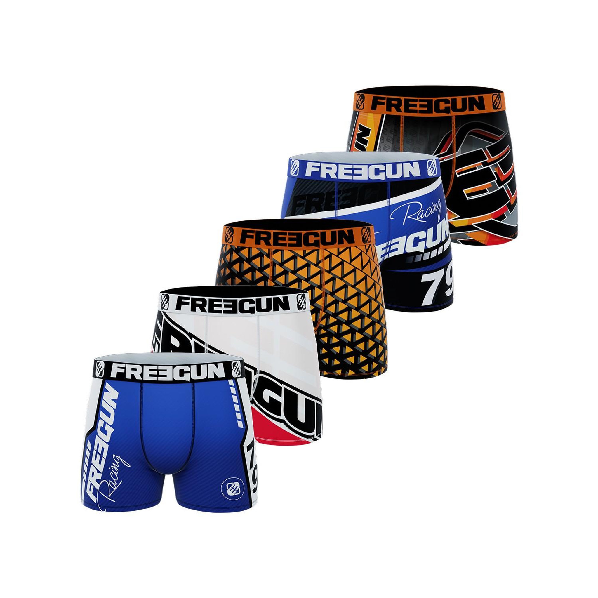FREEGUN Lot de 5 boxers microfibre homme racing. Coloris disponibles : Orange