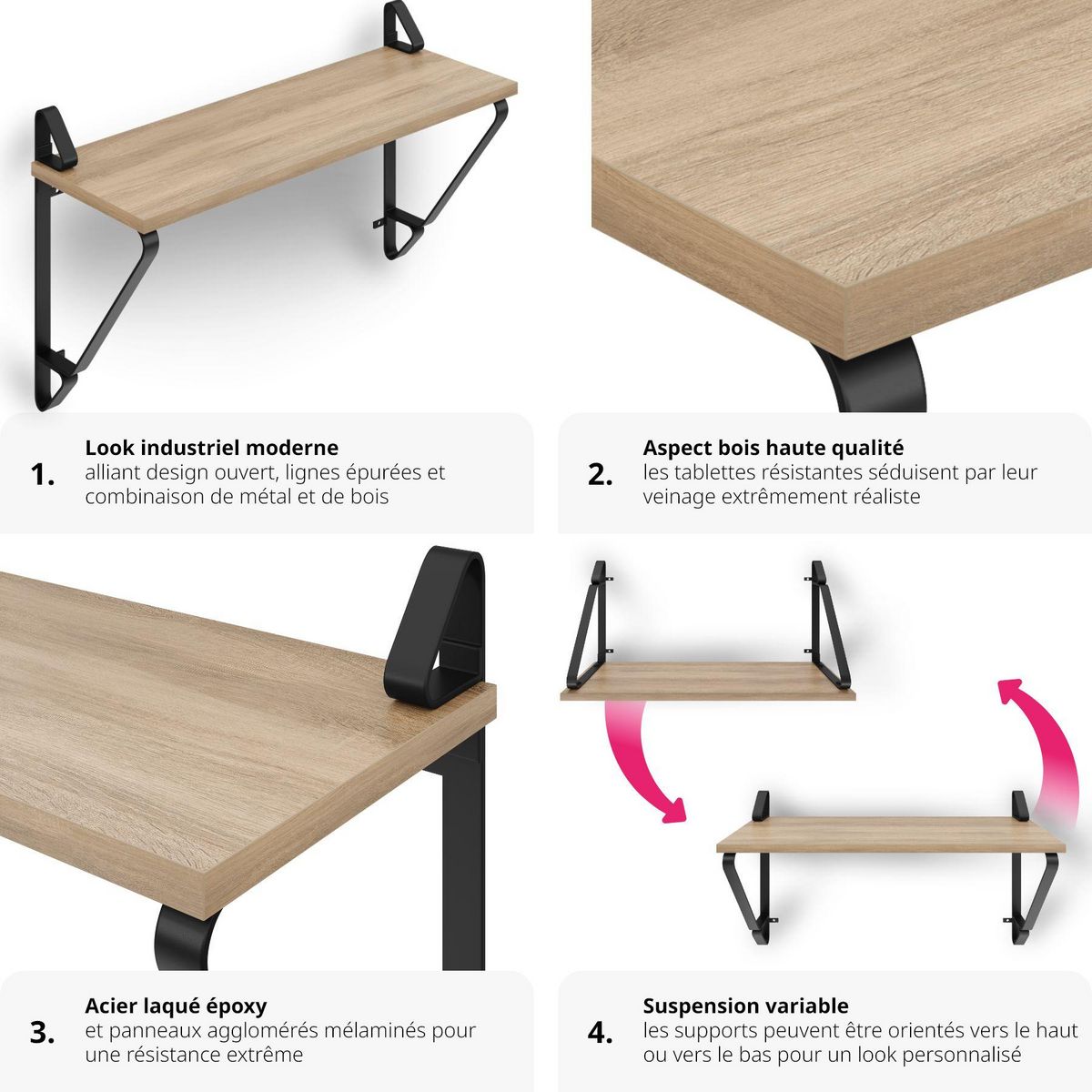 tectake Lot de 2 étagères murales style industriel Bois clair industriel, Chêne Sonoma