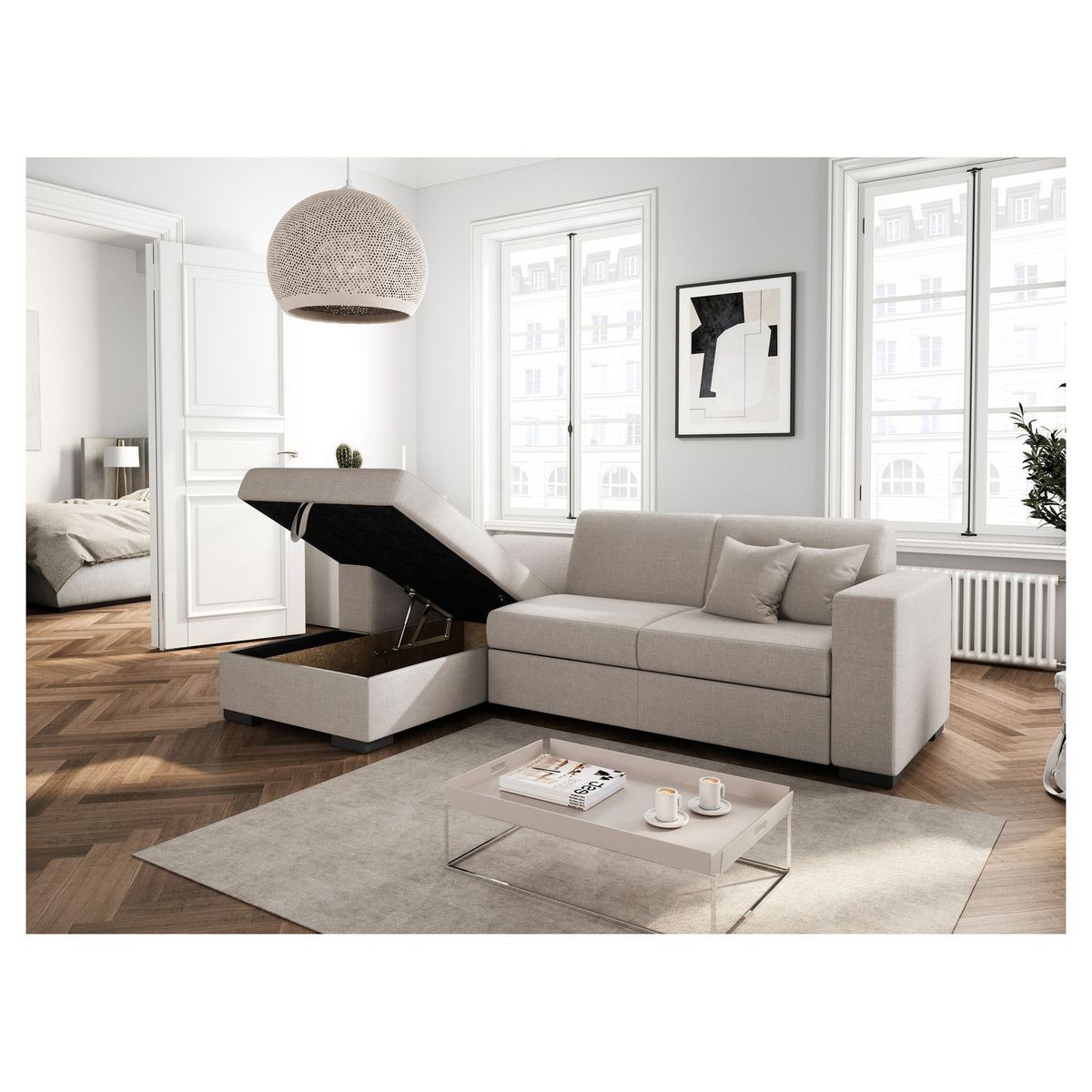 Canapé d'angle gauche convertible  4 places avec coffre tissu CARIBEA