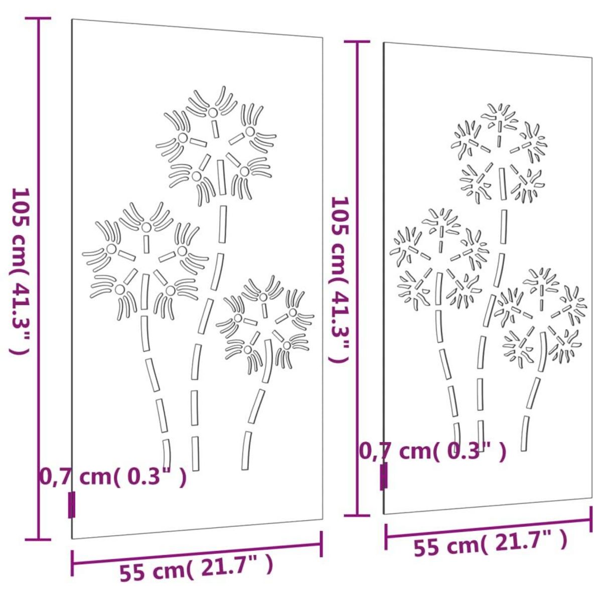 VIDAXL Decorations murales de jardin 2pcs 105x55 cm design de fleur