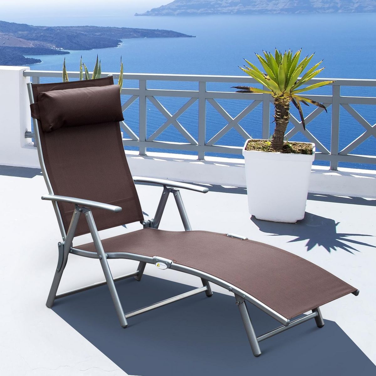 OUTSUNNY Outsunny transat chaise longue bain de soleil pliable dossier inclinable multi-positions têtière fournie 137L x 64l x 101H cm métal époxy textilène marron