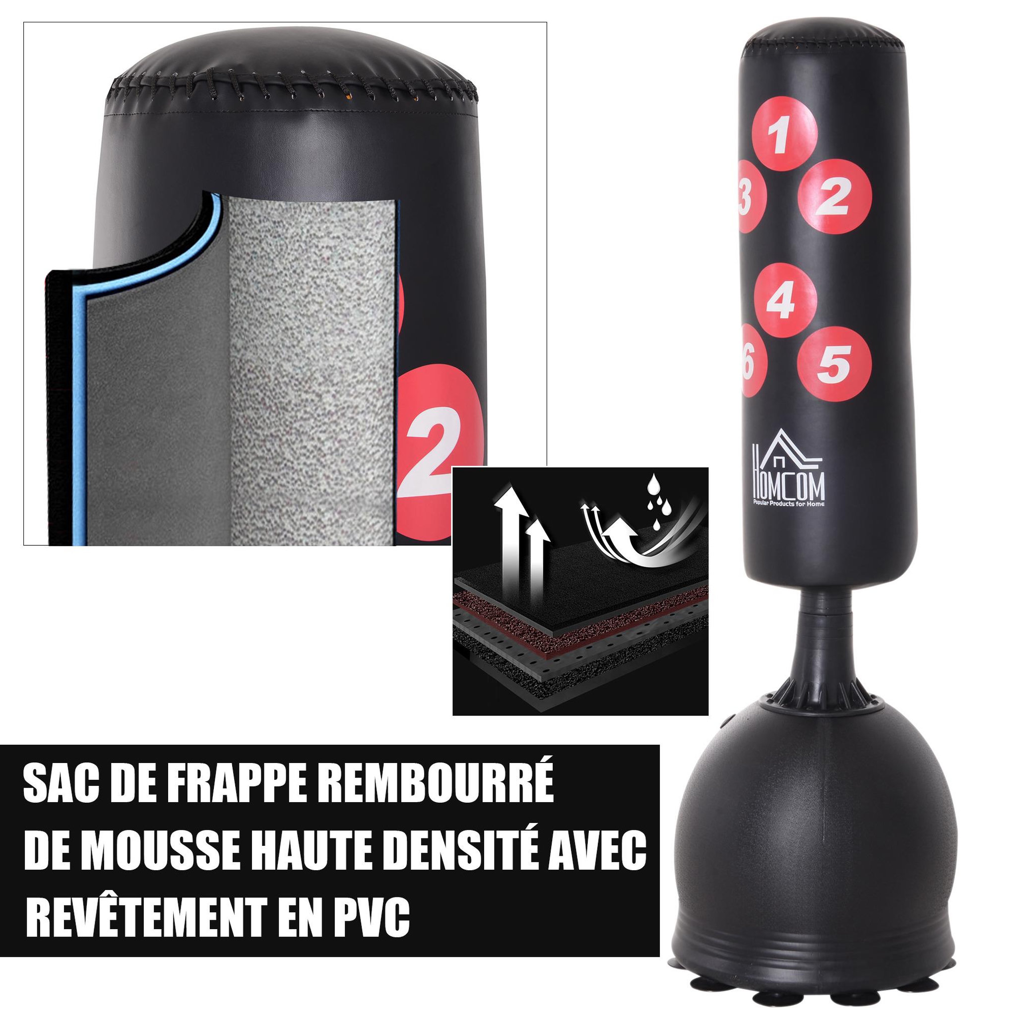 Voir la diapositive 5 : HOMCOM HOMCOM Sac de frappe boxe sur pied punching ball autoportant adulte enfant H1,65 m cibles de touche ventouses antidérapantes noir rouge