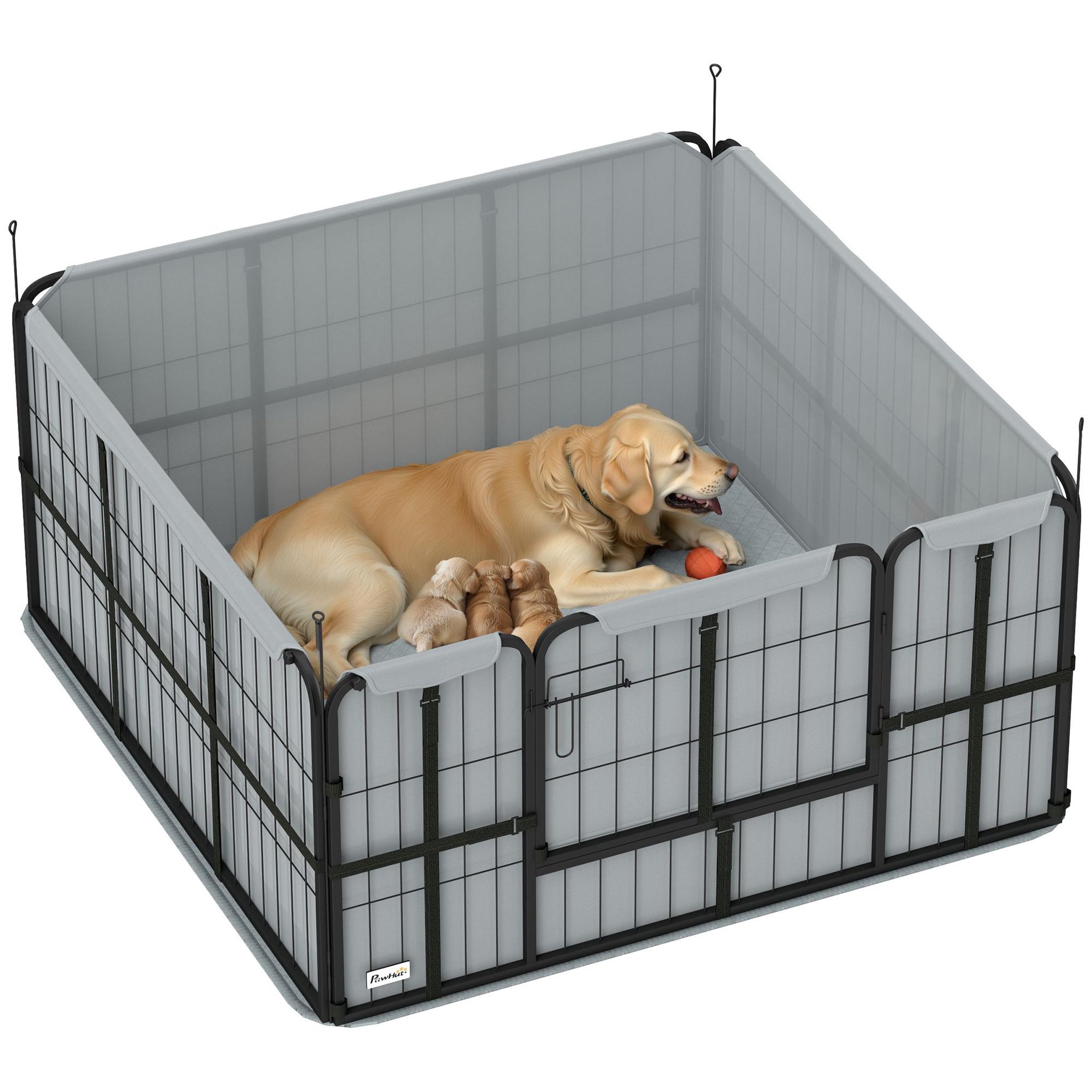 Voir la diapositive 2 : PAWHUT Parc de mise bas pour chien - porte verrouillable, tapis propreté lavable - acier noir