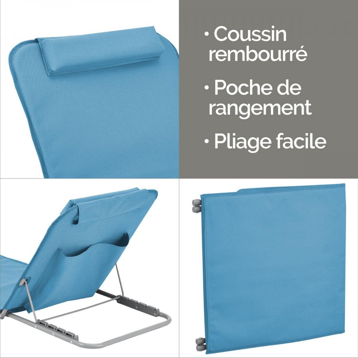 LINXOR Matelas, transat, tapis de plage avec dossier inclinable et sac de transport