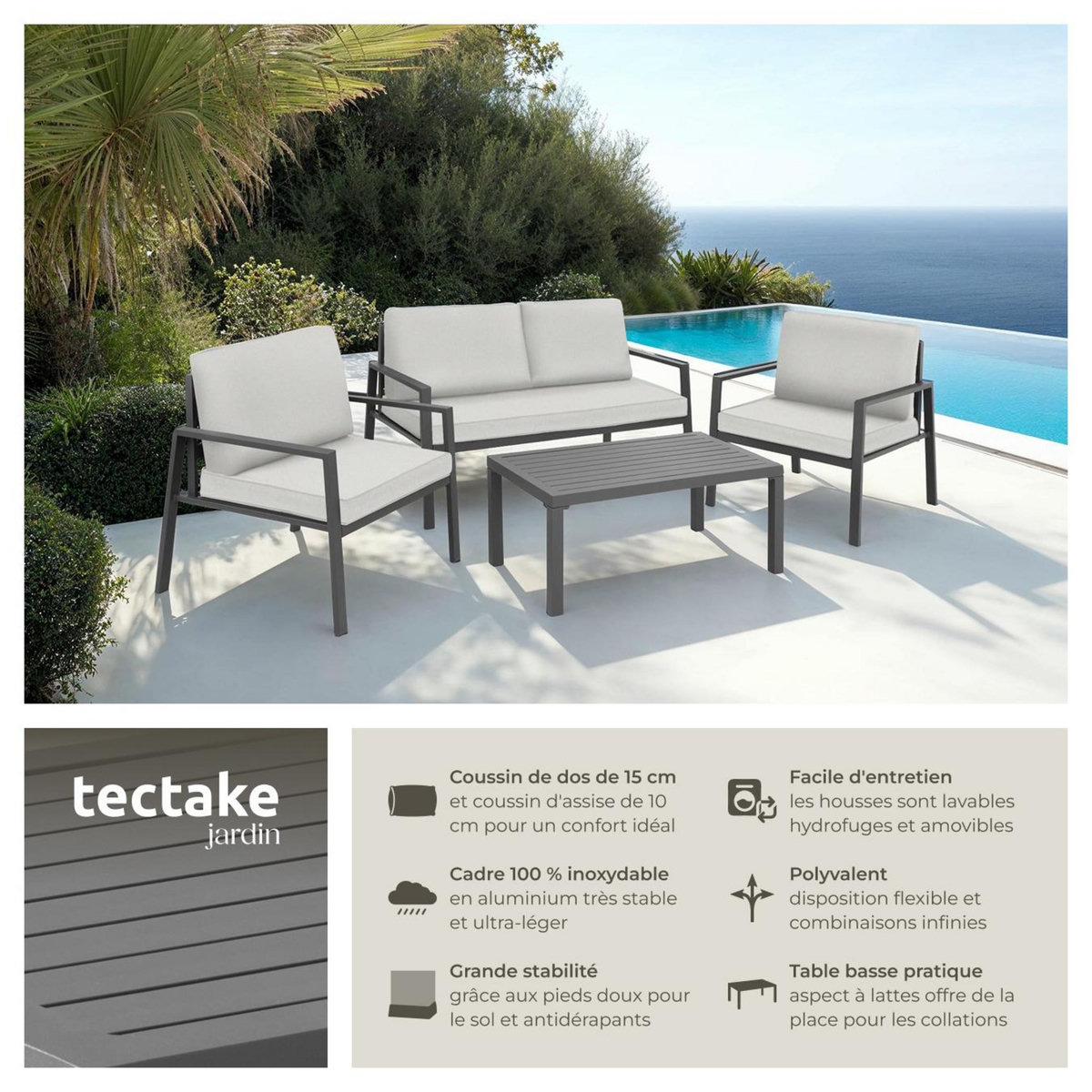 tectake Salon de jardin avec cadre en aluminium, pour 4 personnes gris clair