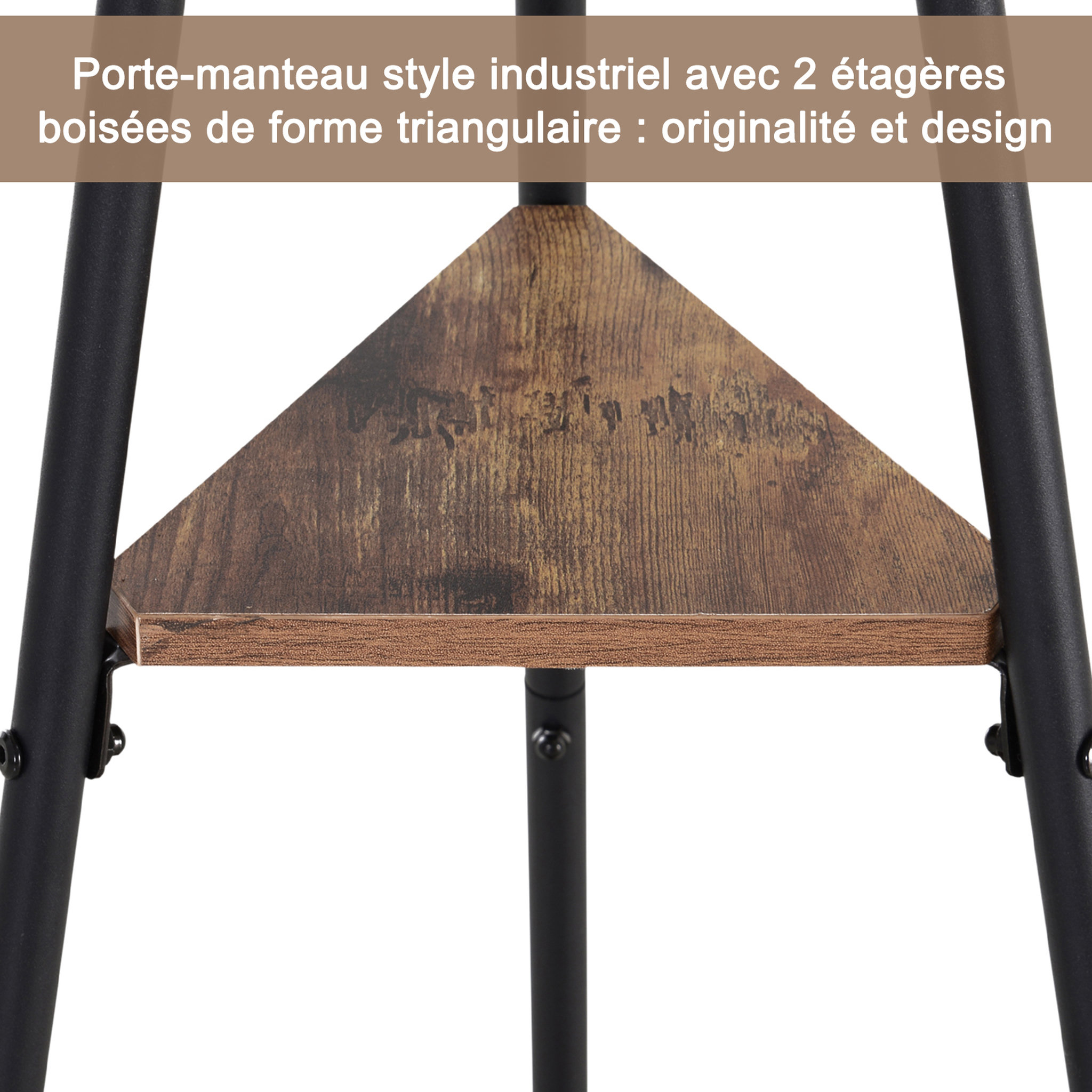 Voir la diapositive 4 : HOMCOM HOMCOM Porte-manteau trépied style industriel branches 2 étagères + 6 patères dim. 52L x 46l x 182H cm métal noir panneaux particules boisés