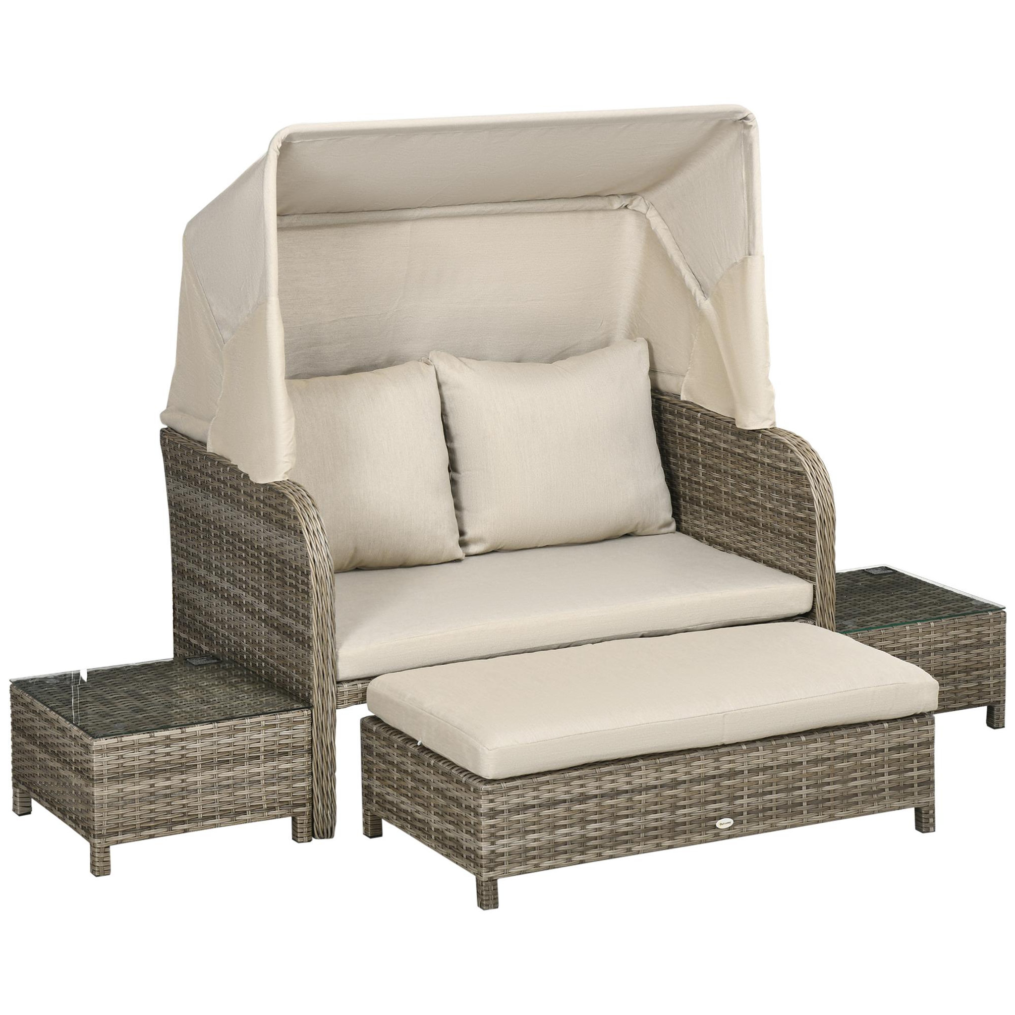 OUTSUNNY Ensemble salon de jardin 2 places 4 pcs - canapé, repose-pieds, 2 tables basses - coussins inclus - résine grise polyester kaki