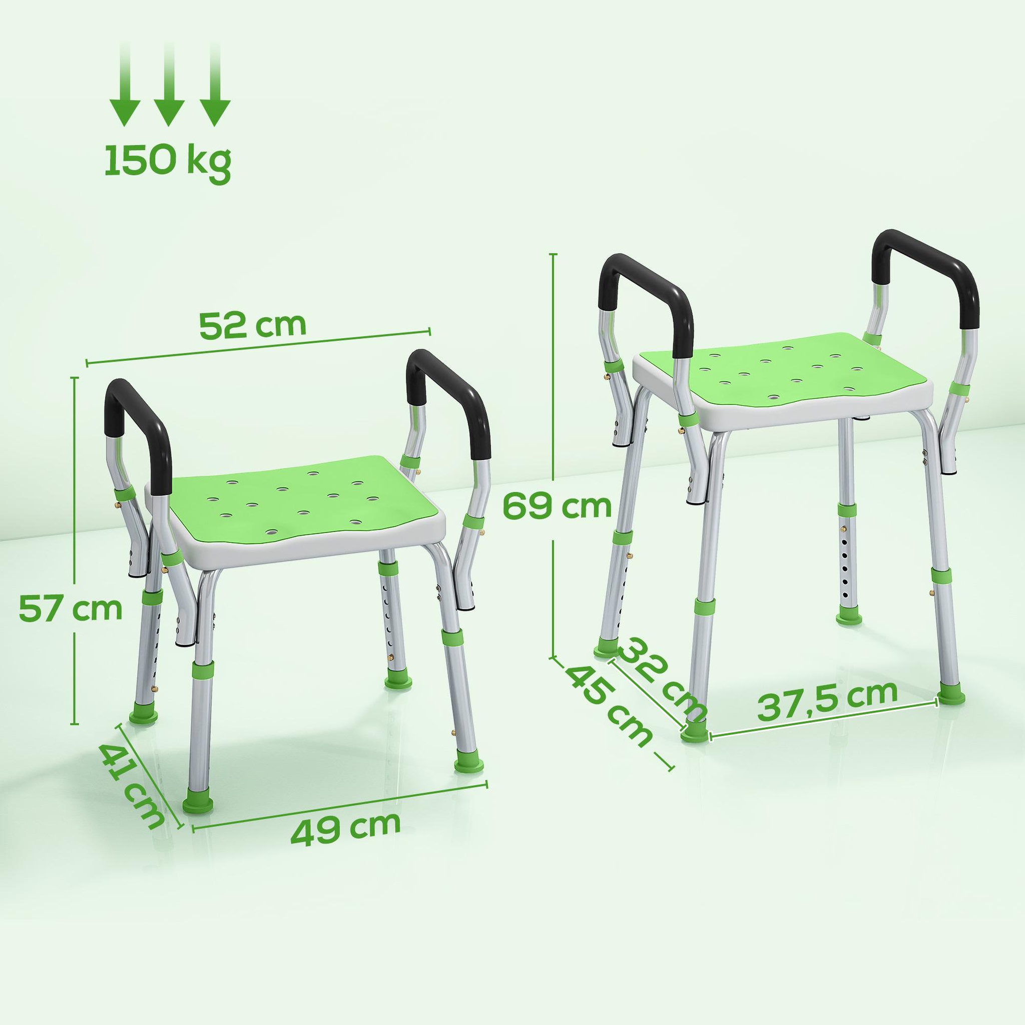 Voir la diapositive 3 : HOMCOM Chaise de douche tabouret de douche antidérapant - hauteur réglable, accoudoirs - alu hdpe vert