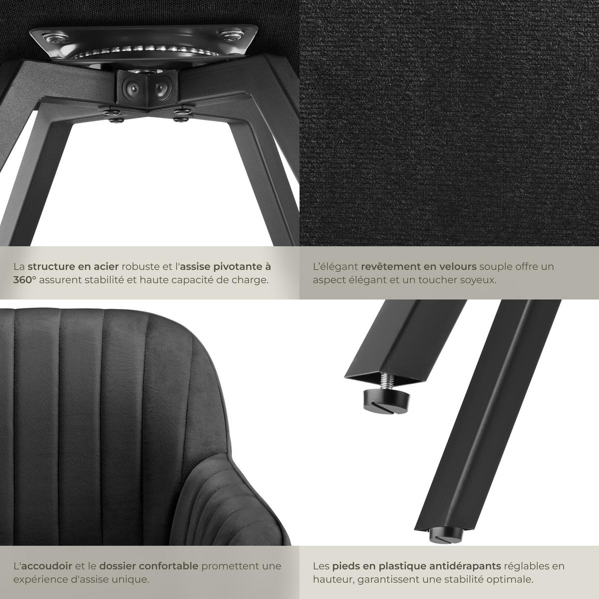 tectake Chaise pivotante avec accoudoirs rembourrée aspect velours noir Lot de 6
