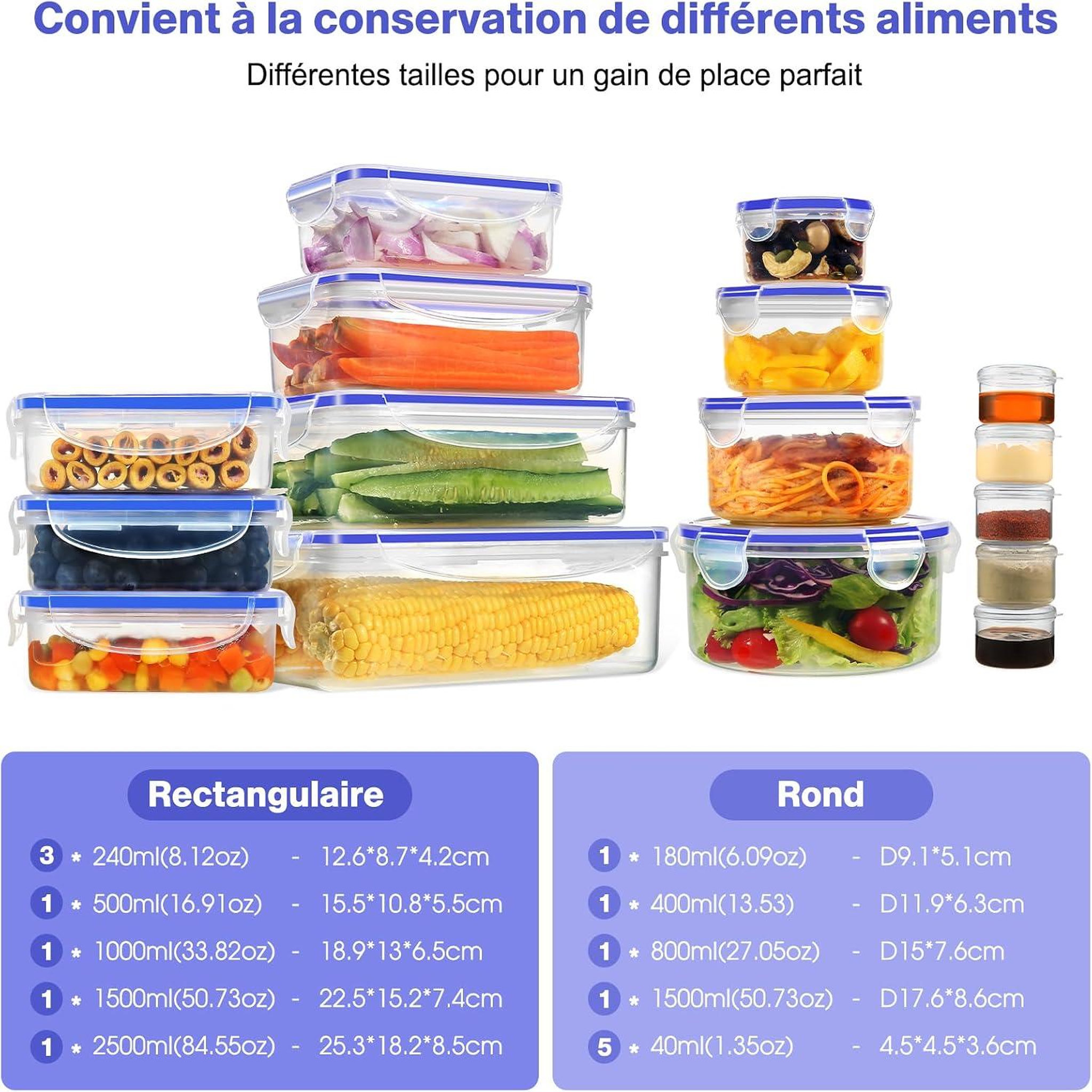 Voir la diapositive 2 : YASHE Boîtes alimentaires, 32 pièces, 16 récipients, 9,3 L