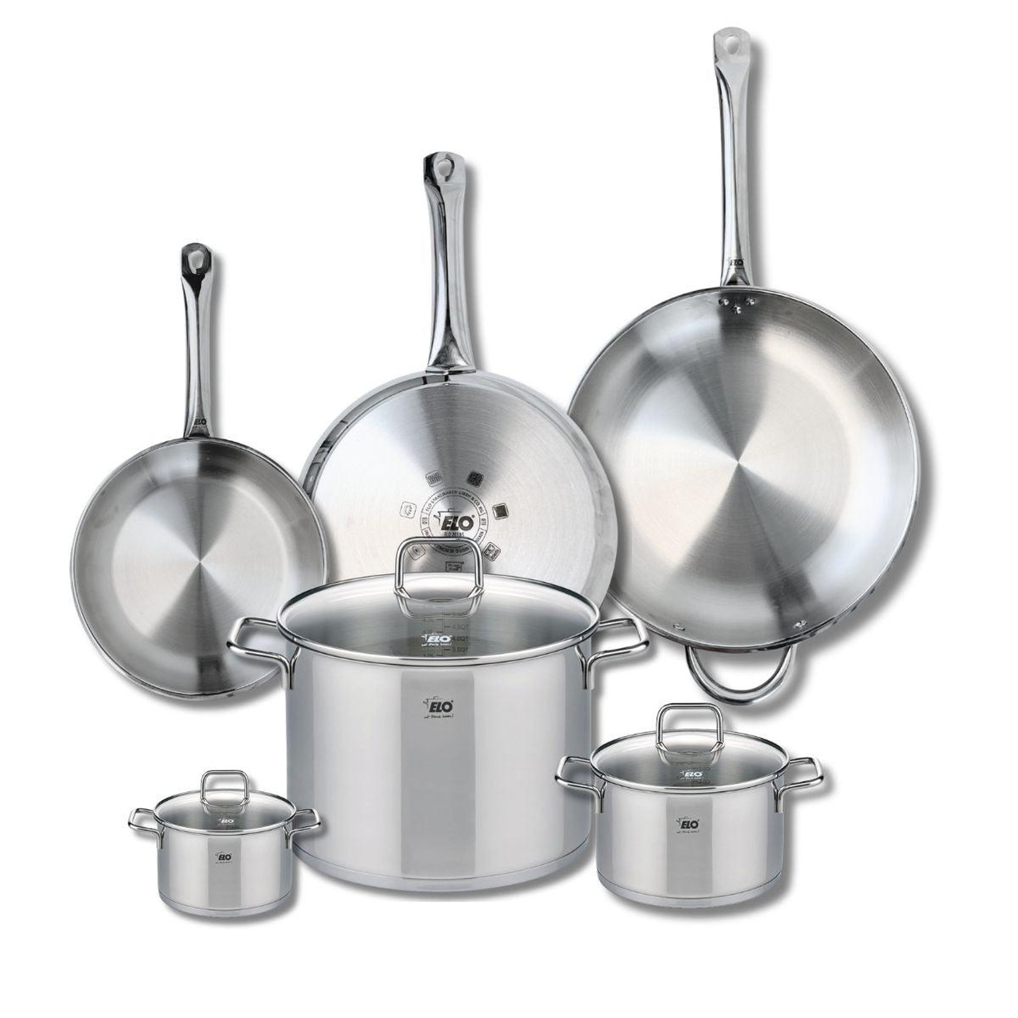 ELO Ensemble de 3 poêles de cuisson 24, 28 et 32 cm et 3 faitouts 12, 16 et 26 cm elo profi citrin