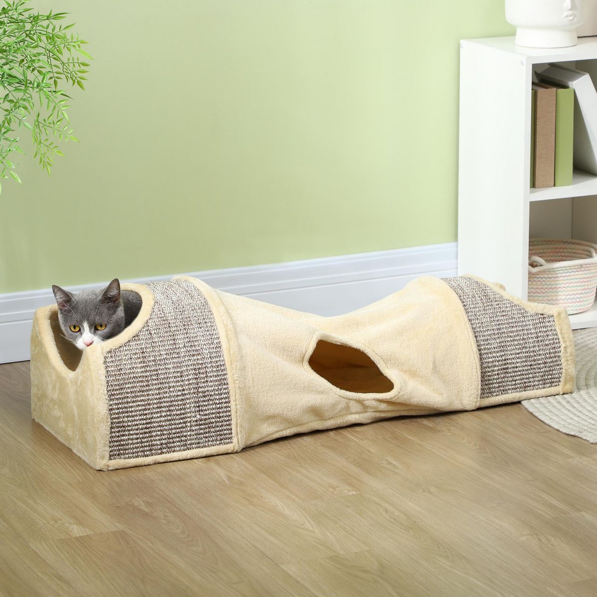 PAWHUT Tunnel pour chat modulable - 3 portes, 2 griffoirs - sisal peluche beige