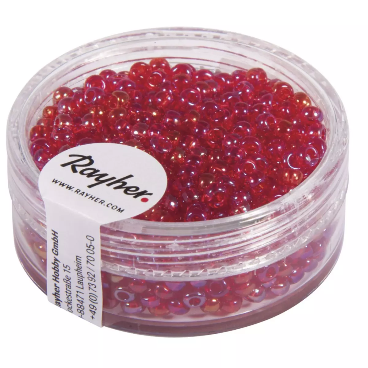 Rayher Rocailles, 2,6mm ø, transparentes lustré, rouge, boîte 17 g
