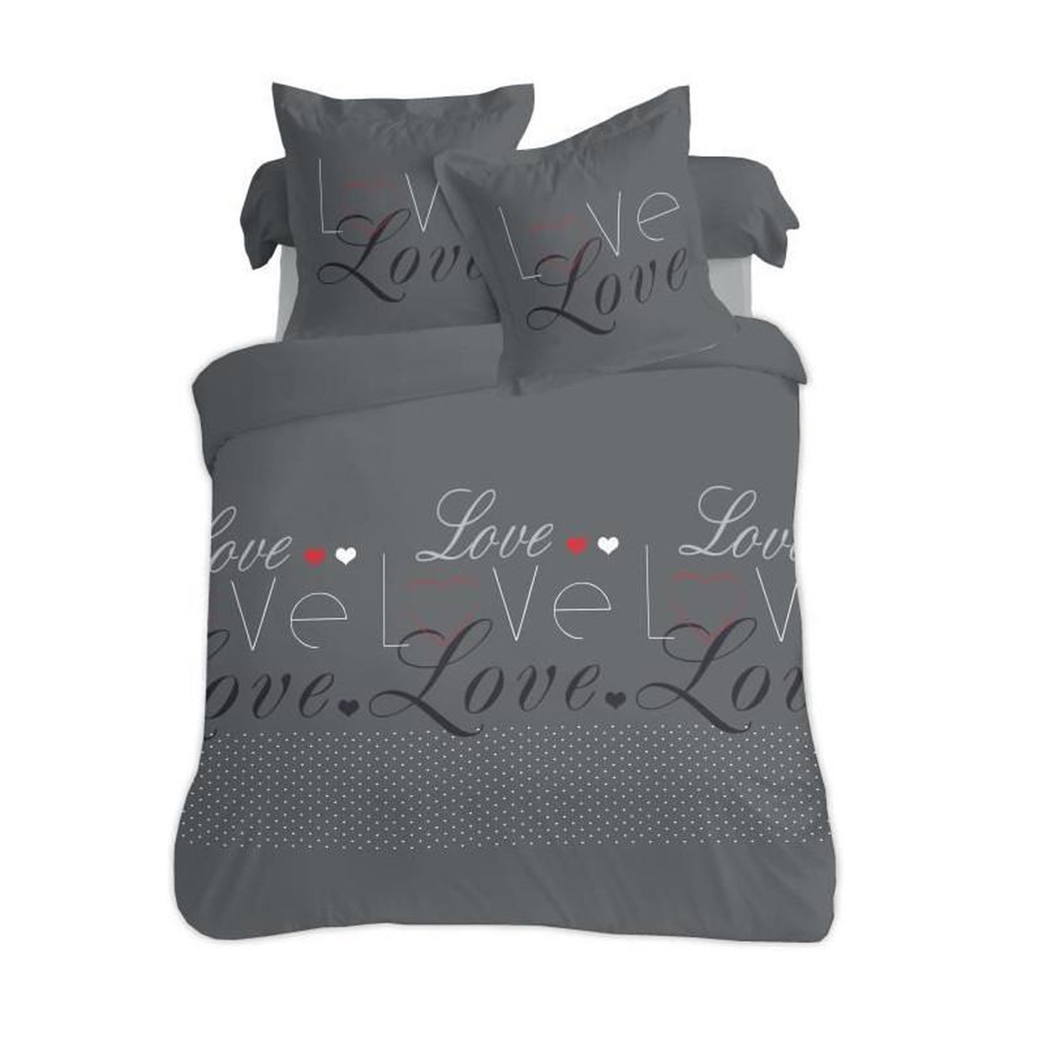 Voir la diapositive 2 : VISION VISION Parure de couette Love - 100% coton - 1 housse de couette 240 x 220 cm + 2 taies d'oreiller 65 x 65 cm - Gris anthracite