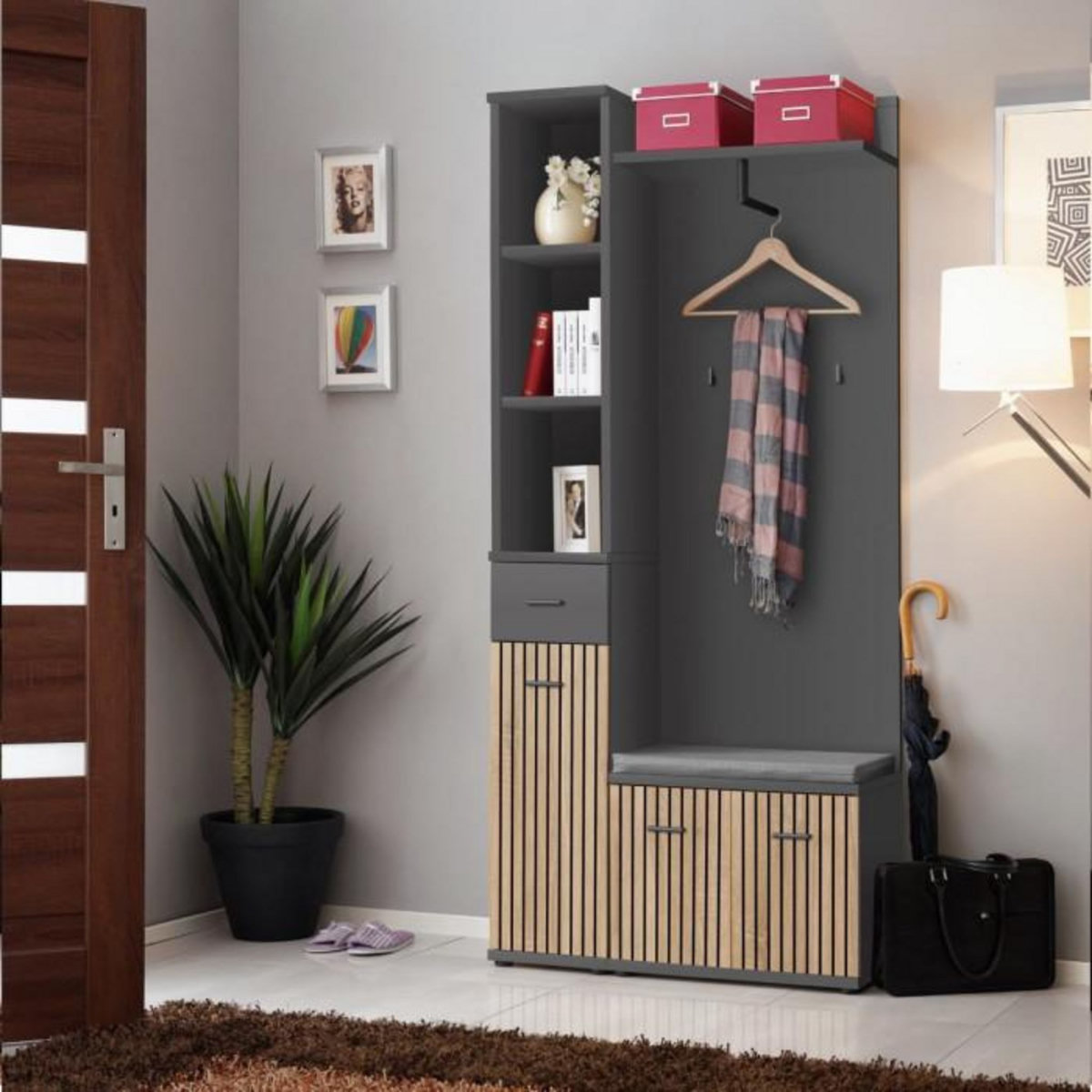 Paris Prix Ensemble Vestiaire 4P avec Coussin  Marco  203cm Naturel & Gris