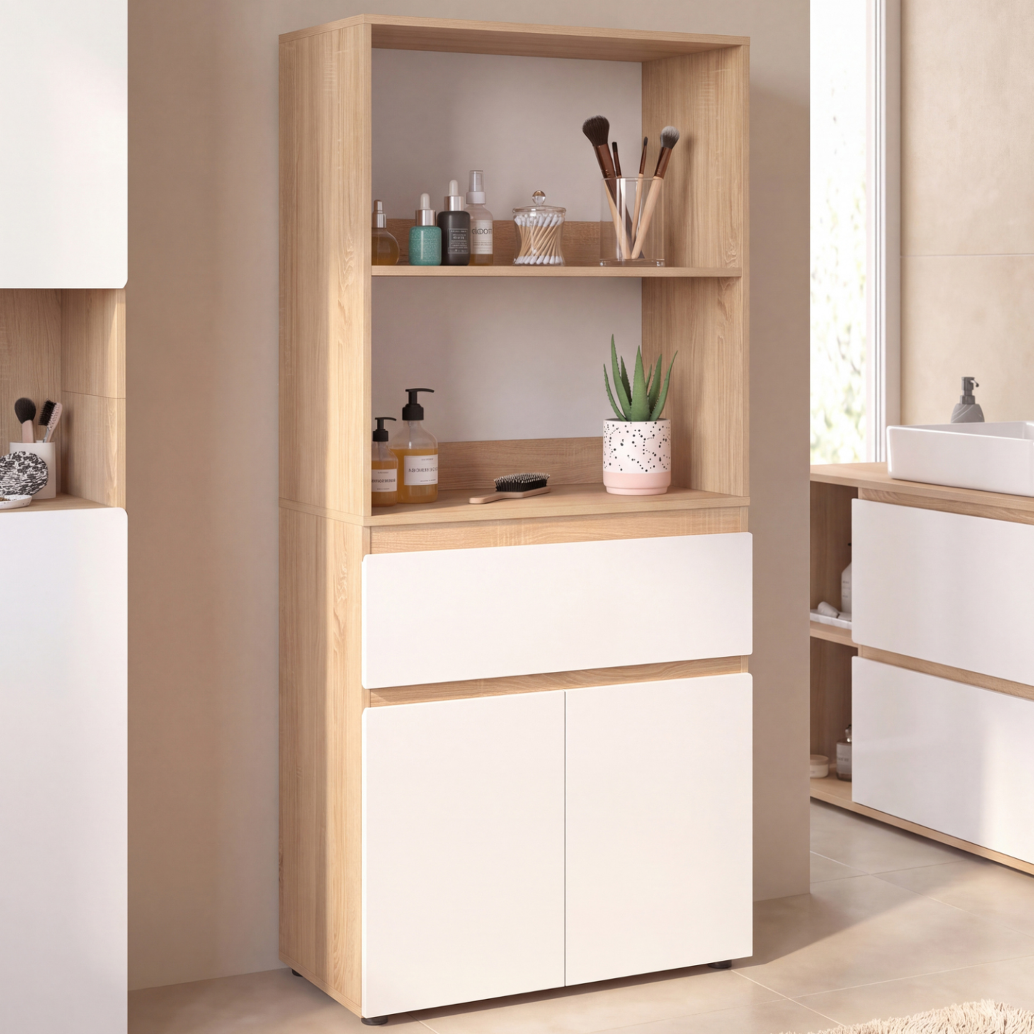 Voir la diapositive 2 : ID MARKET Meuble armoire salle de bain TOMI 2 portes et 1 tiroir avec étagères façon hêtre et blanc