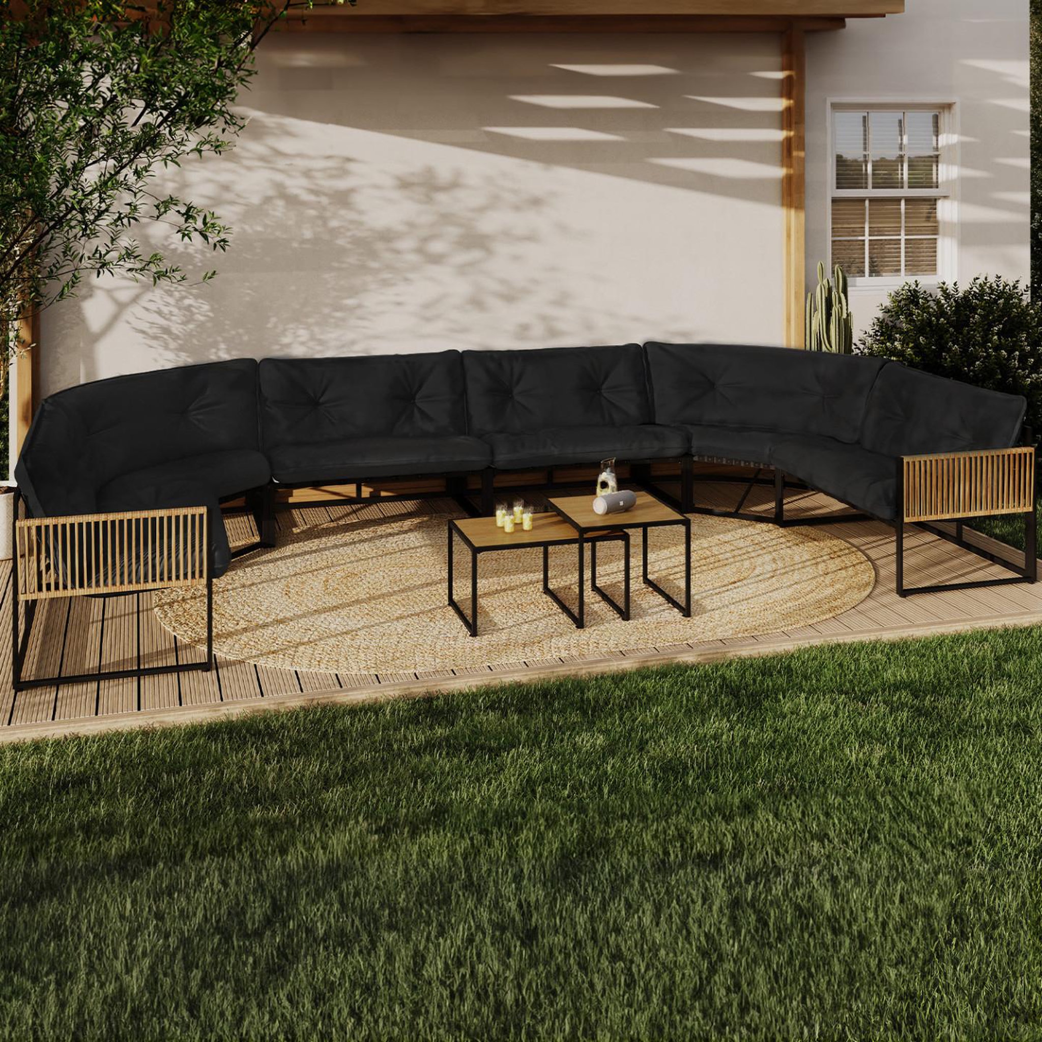 Voir la diapositive 2 : ID MARKET Salon de jardin bas rio 12 places salon d'angle structure métal noir et cordage effet rotin avec coussins noirs