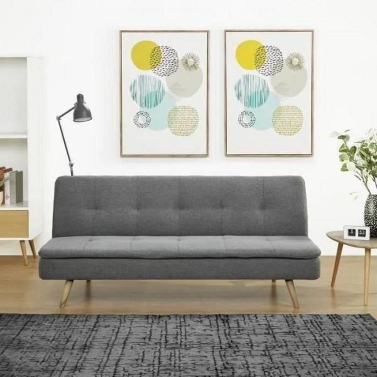 MARKET24 Clic clac 3 places - Tissu Gris - Pieds bois naturel - L 179 x P 85 x H 79 cm - ALMA