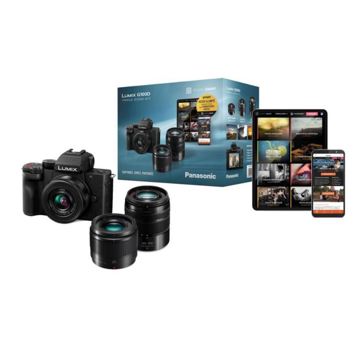 PANASONIC Pack Appareil photo hybride Panasonic Lumix G100D + Objectif standard 12 32 mm + Focale fixe 45 150 mm + Téléobjectif 25 mm F