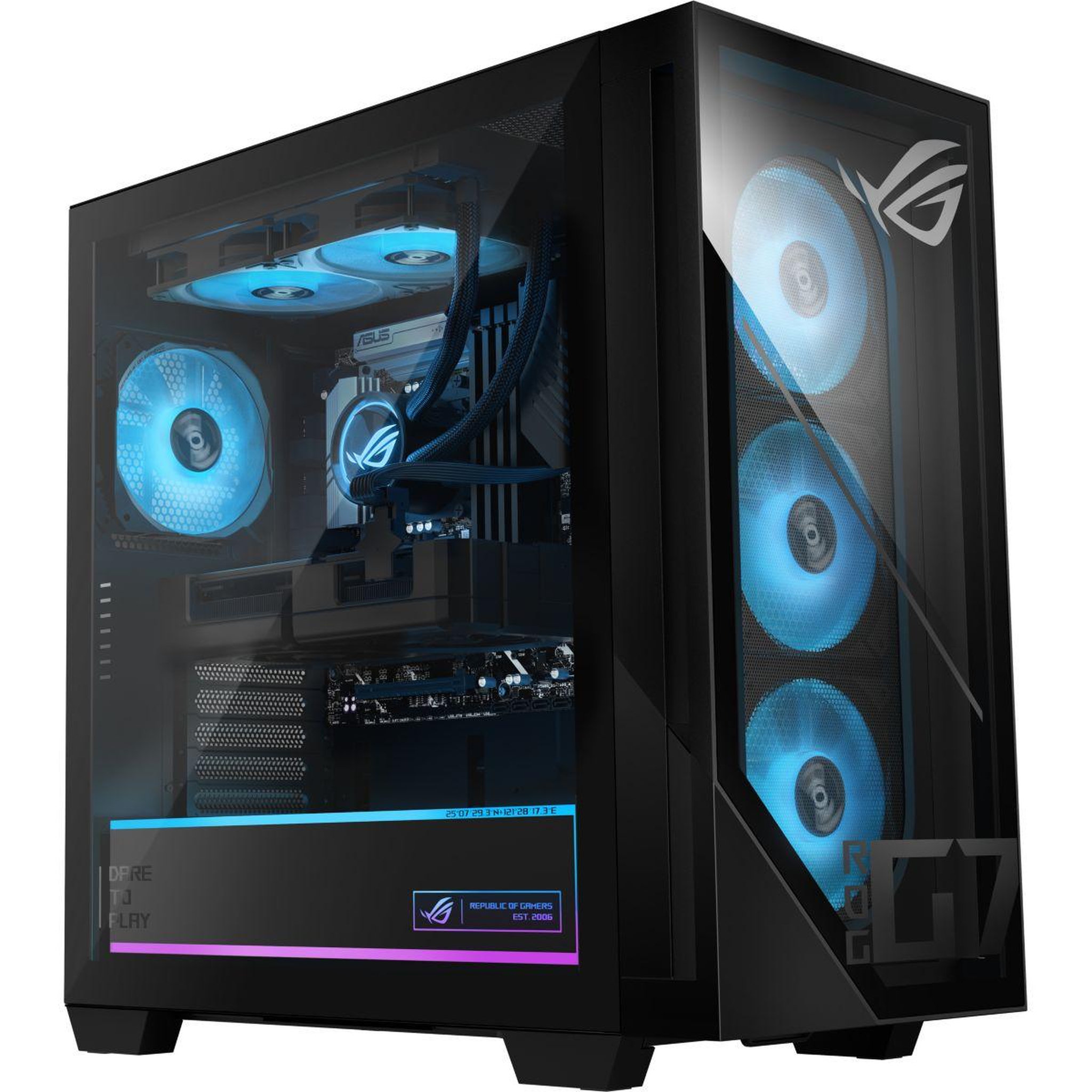 Voir la diapositive 2 : ASUS PC Gamer ROG GM700TZ – AMD Ryzen 7 9700X – AMD Radeon RX 9060 XT – 32 Go RAM DDR5 – SSD 2 To X088W