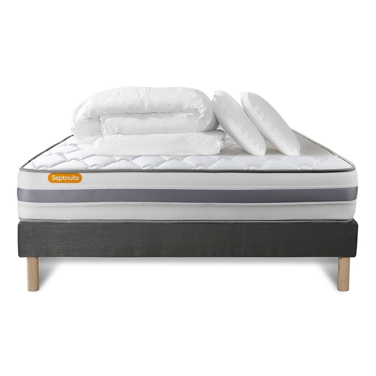 SEPTNUITS Pack matelas + sommier gris Memo Spring Ressorts ensachés 3 zones MAXI épaisseur + Couette + 2 oreillers
