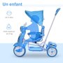 HOMCOM Tricycle enfants évolutif canne, pare-soleil pliable amovible effets lumineux sonores métal blanc PP polyester bleu