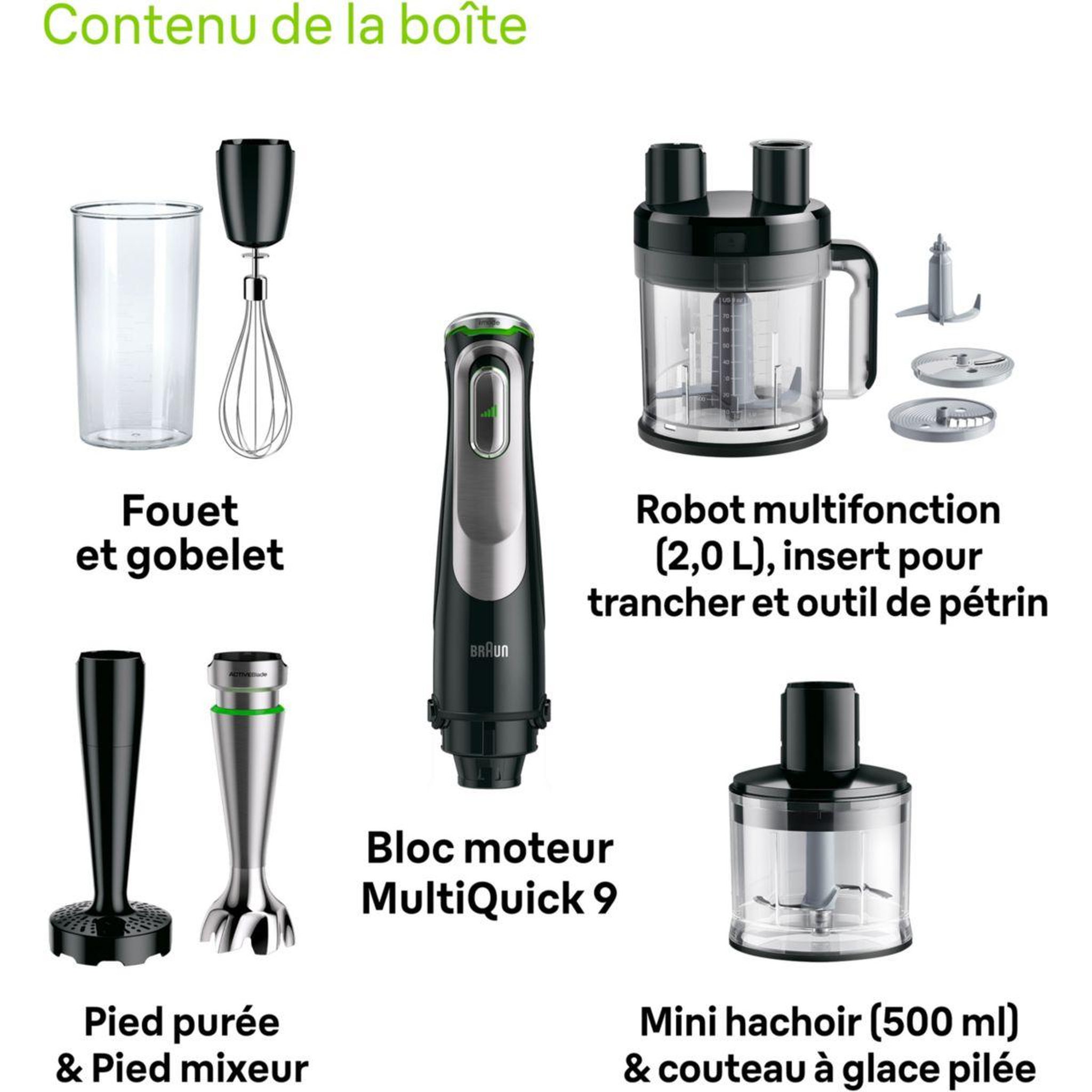 Voir la diapositive 2 : BRAUN Mixeur MQ9187XLI MultiQuick 9 noir et gris 8 accessoires