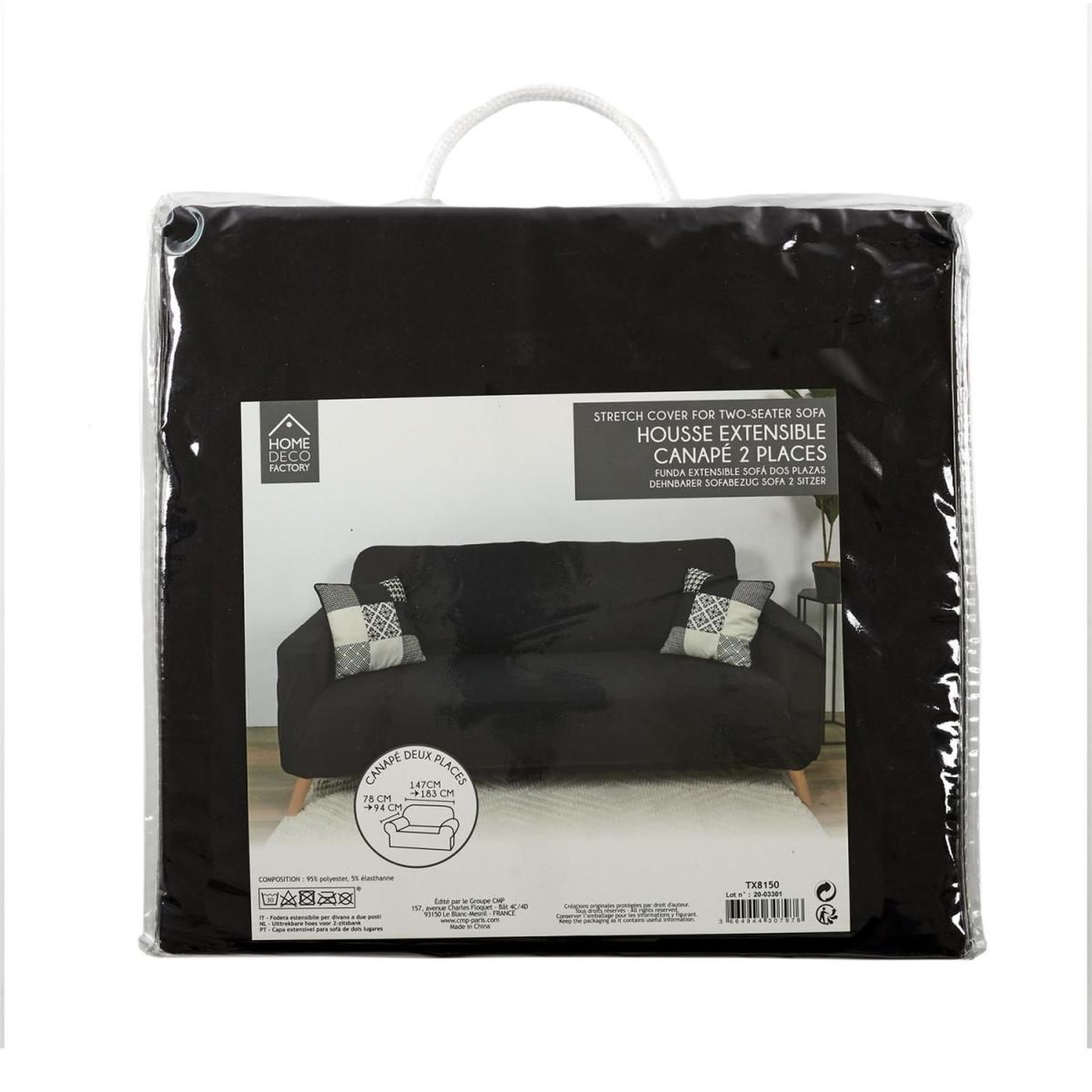 Voir la diapositive 2 : The Home Deco Factory Housse de Canapé 2 Places  Extensible  80x170cm Noir