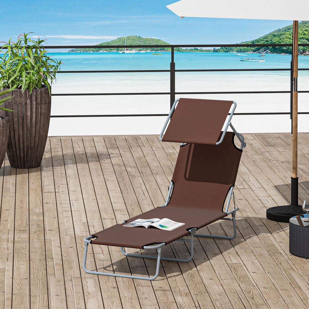 OUTSUNNY Transat bain de soleil pliable grand confort dossier et pare-soleil réglable multi-positions chocolat