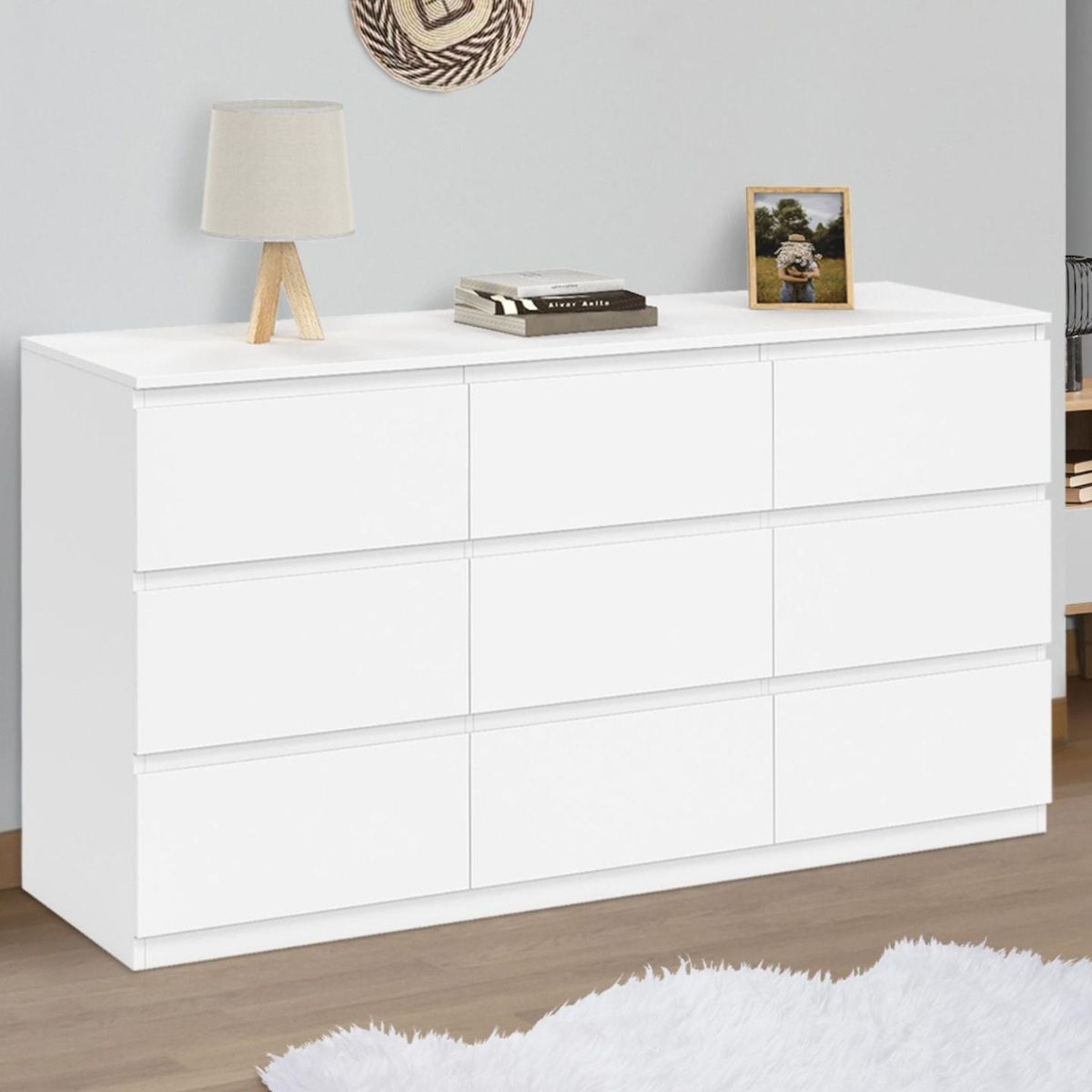ID MARKET Commode 9 tiroirs TOMI XXL 136 cm bois blanc